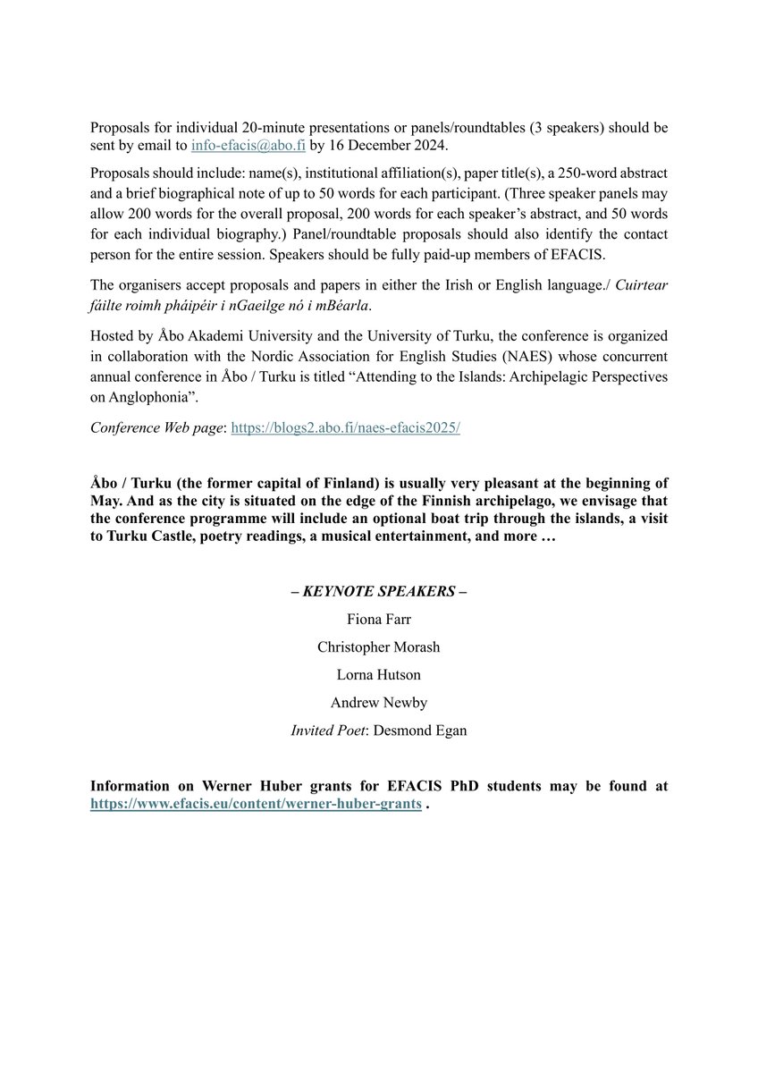 The deadline for abstracts for the 2025 EFACIS #Conference, "Attending to Ireland", has been extended! New Deadline: 7 February 2025. 

Please find the full Call for Papers at efacis.eu/sites/default/…

#irishstudies #cfp