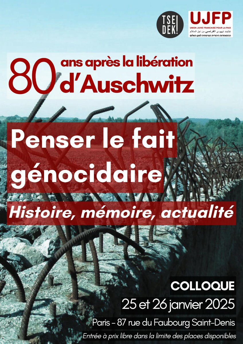 ℹ️ 80 ans de la libération d'Auschwitz 
🗓️ Colloque les 25 &amp; 26 janvier à Paris
📍 87 rue du Faubourg Saint-Denis
📝 PENSER LE FAIT GÉNOCIDAIRE
👉🏾 Histoire, mémoire, actualité 
✅ L'affiche 
⤵️ Programme complet disponible dans le post suivant