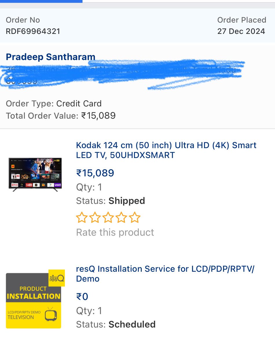 pradeepmechi's tweet photo. @RelianceDigital Cancelled TV order few hours after placing the order. Still cancellation wasn’t done. Order placed on 27-Dec-2024. https://t.co/Kh0Fkzqt3V