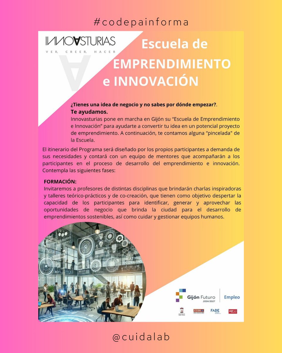 CODEPAsturias's tweet photo. #codepainforma
ESCUELA DE EMPRENDIMIENTO E INNOVACIÓN.
¿Tienes una idea de negocio y no sabes por dónde empezar? En @innovasturias te ayudamos.
Mas información pinchando: https://t.co/YPI82nnRNH
@cuidalab https://t.co/hPjTuVRRXv