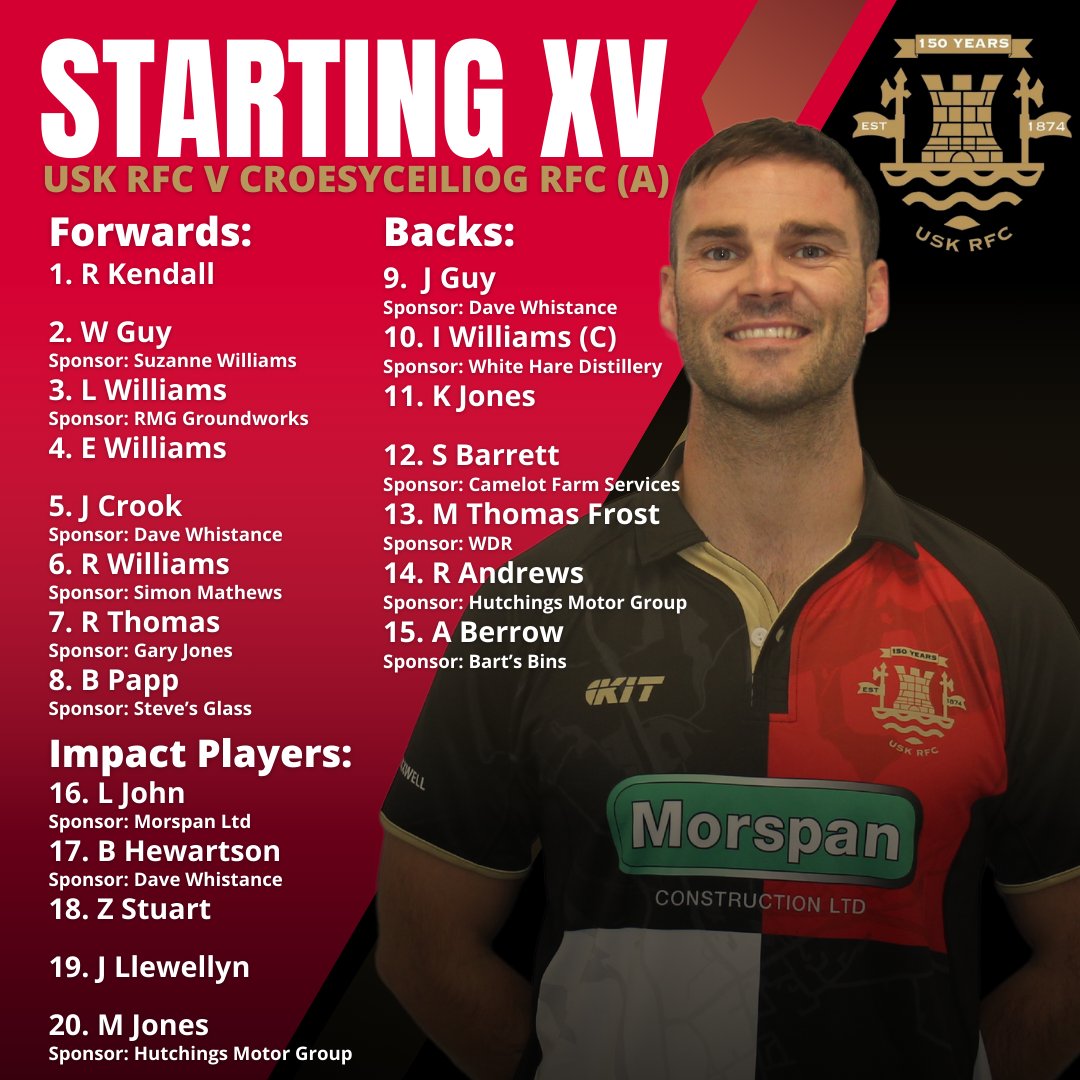 Starting XV for tomorrow's away game 🏉

🕑 KO: 2:30pm
📍 Croesyceiliog RFC
🏆 WRU Division 2 East

Come along and support the boys 💪

#UskRugby #UskRFC #150Years #Rugby #WalesRugby