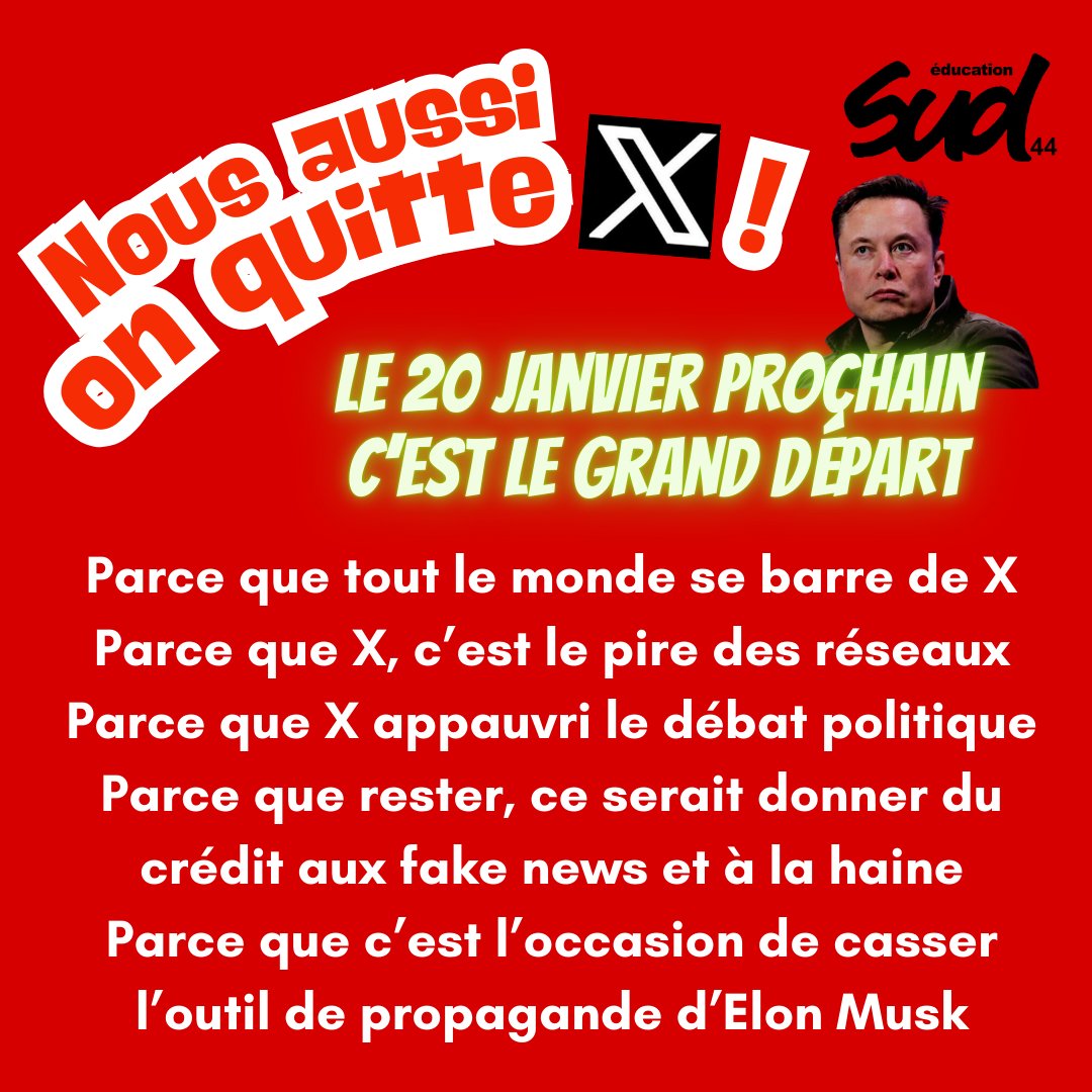 44Sud's tweet photo. SUD éducation 44 quitte X !

#HelloQuitX 

Les militant-es de SUD  éducation 44, réuni-es ce jeudi en Assemblée Générale, ont décidé de  quitter le réseau social X, anciennement Twitter, le 20 janvier prochain. Nos raisons développées dans cet article :
https://t.co/NvF2MzrMAq https://t.co/lgeTupwVnp