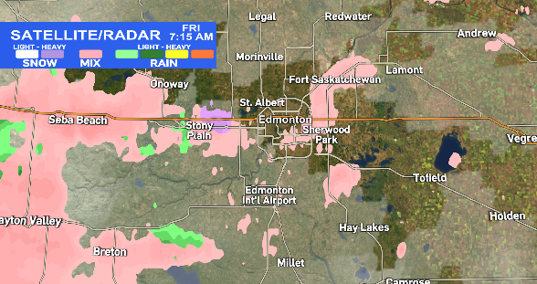coryedelCTV's tweet photo. Mixed precip in/around the #yeg region. Heavier and more steady from #Sebabeach to #Edson. Could make for some slick conditions, especially on side streets. Current temp 1C at 7:29am #yegwx Expecting this on/off through the morning https://t.co/hEXOfcLZTy