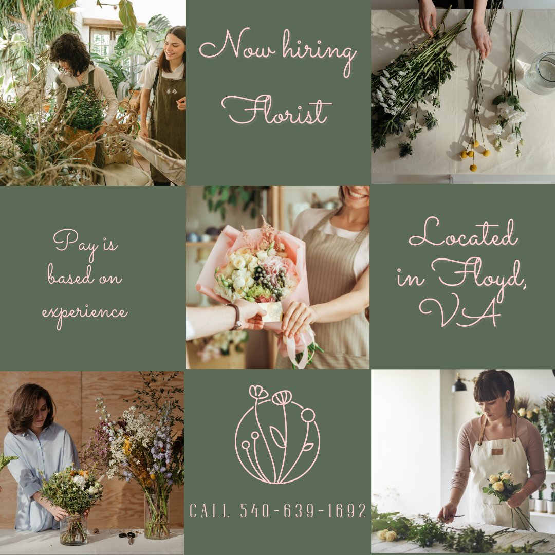 ProsNrv's tweet image. Join our team as a florist in Floyd, VA! Apply now and bring your creativity to life. #nowhiring #florist #FloydVA