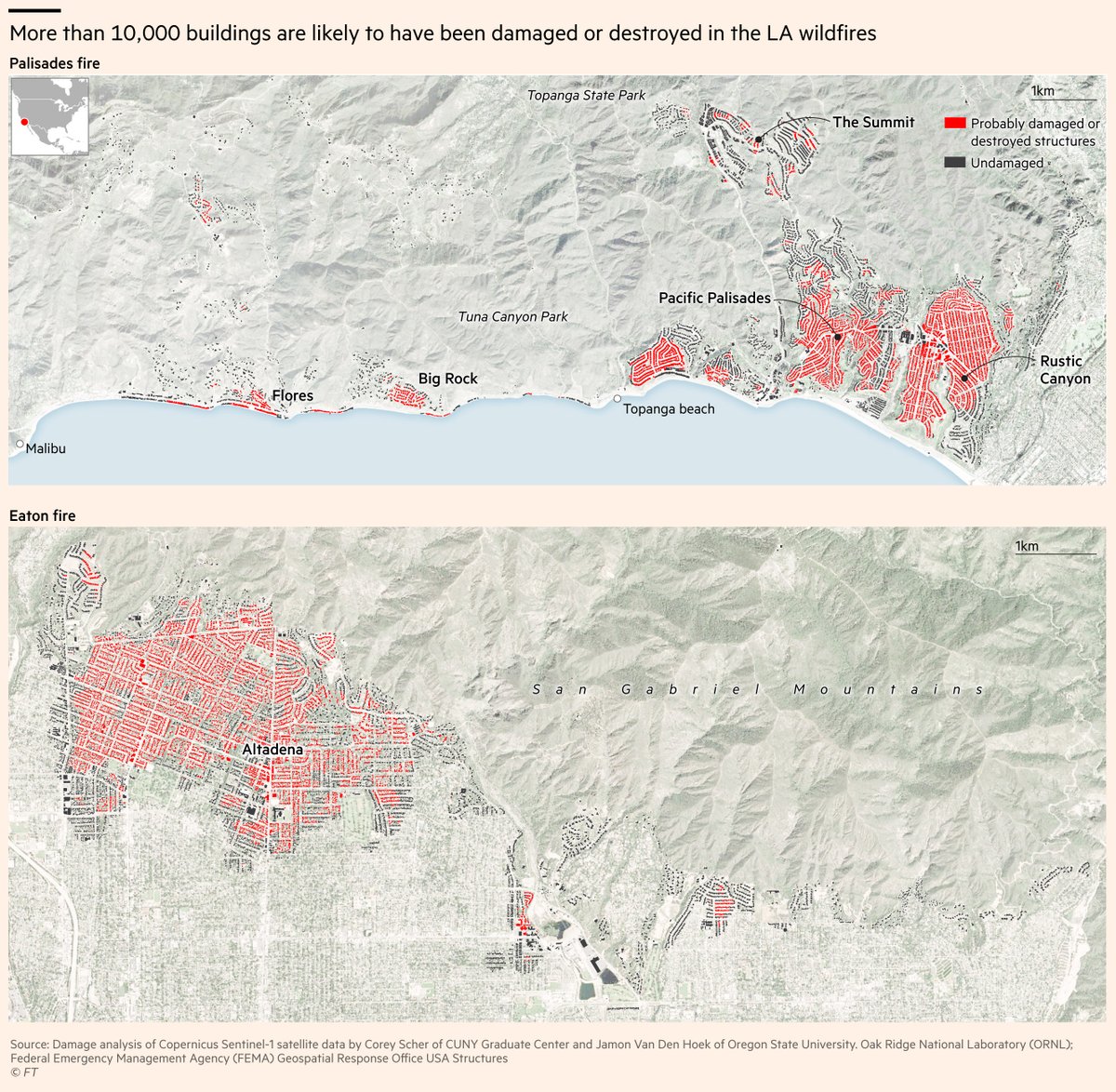 sdbernard's tweet image. NEW: Maps showing estimated building damage from LA fires and latest fire perimeters and evacuation areas, huge thanks to @coreymaps @JamonVDH for the data.

Read @grimes_ce&apos;s account 
ft.com/content/940000…
#dataviz