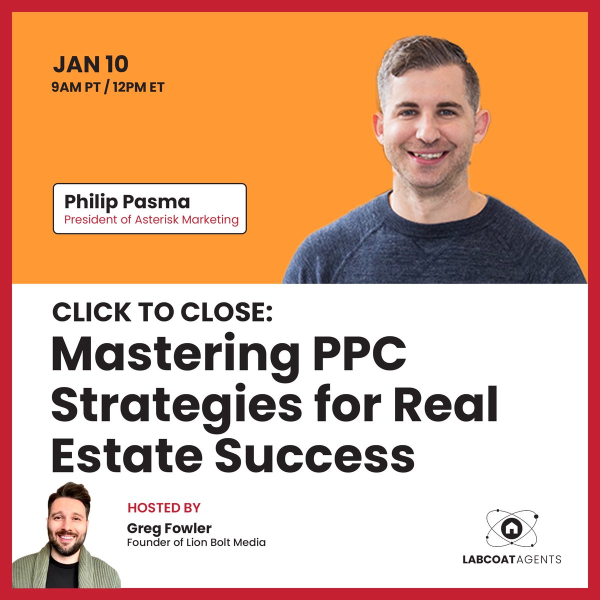 💵 Mastering PPC Strategies for Real Estate Success. Live today January 10th at 12:00pm EST / 9:0am PST, with Philip Pasma, President of Asterisk Marketing and Greg Fowler, Founder of Lion Bolt Media. 🧠  #LCA #LabCoatAgents 🥼🏡

RSVP link: 🚀
facebook.com/share/19fUe9Rk…