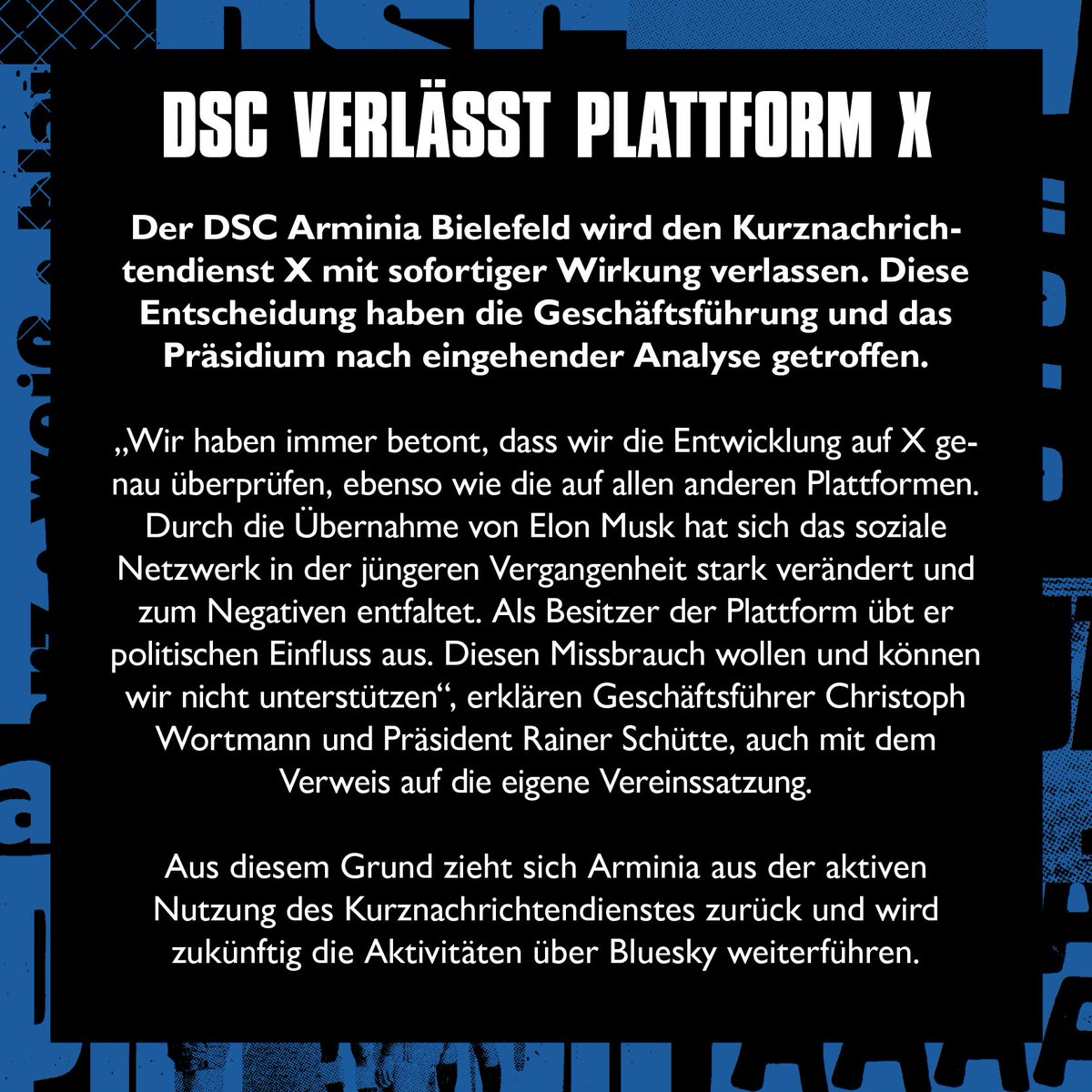 Wir verlassen die Plattform X und sind ab sofort auf Bluesky! 🤝

bsky.app/profile/armini…

#immerdabei