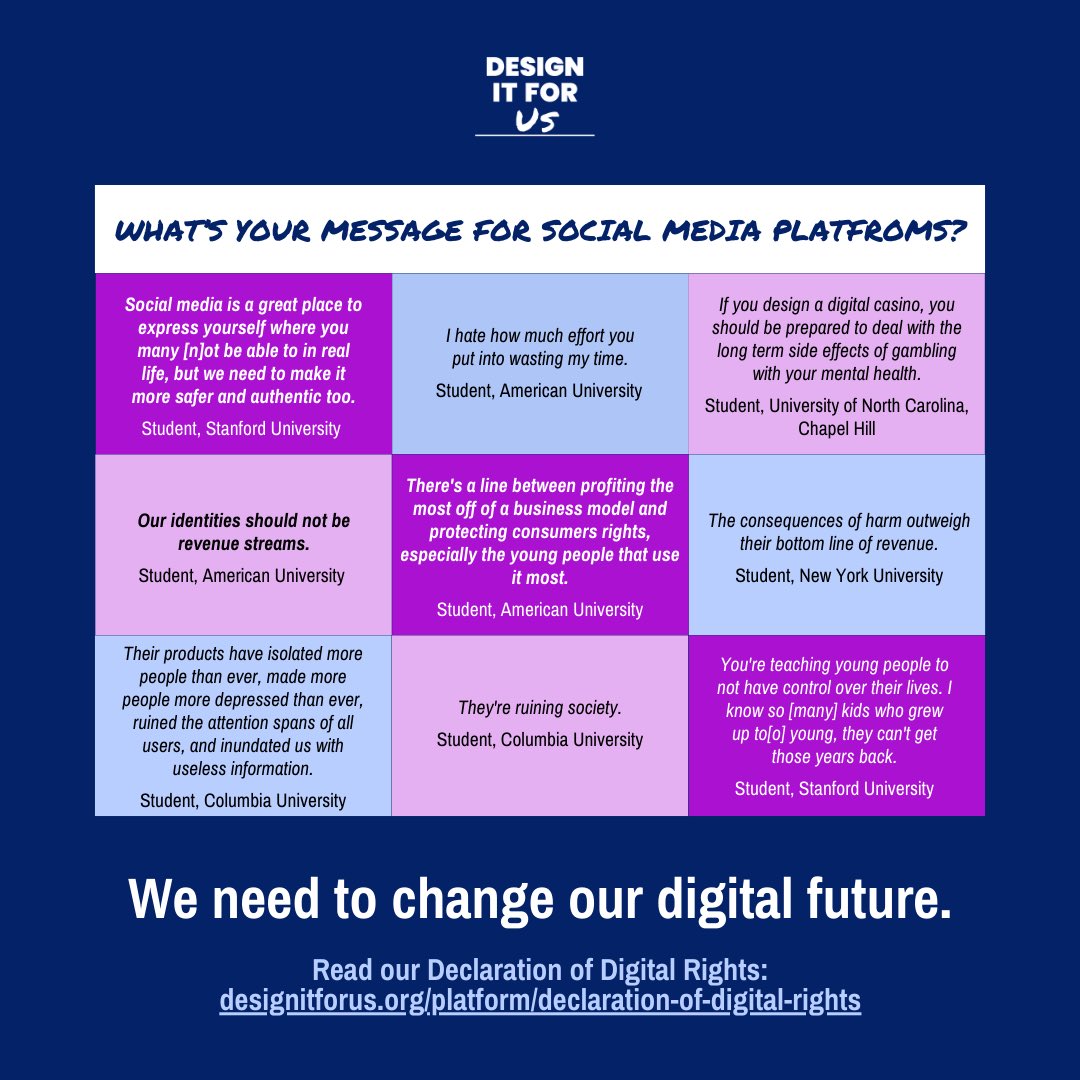 DesignItForUs's tweet image. Young people are envisioning a better digital world. We polled and talked to hundreds of youth nationwide, and our findings inspired a Declaration of Digital Rights. #OurDigitalRights #DesignItForUs

Our poll: designitforus.org/platform/desig… 

Full declaration: designitforus.org/platform/decla…