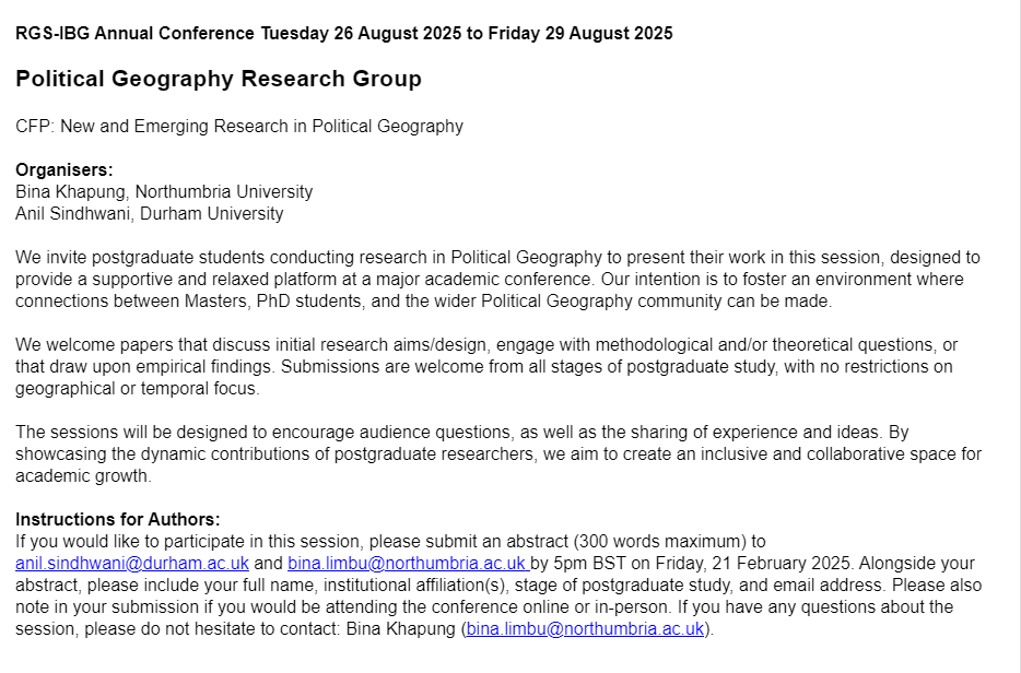 #CfP for the #RGSIBG25! 📢 
Calling all Political Geography postgrads: 
Consider submitting a paper to the session 'New &amp; Emerging Research in Political Geography', which aims specifically to provide a supportive environment for sharing your work and ideas (1/2)