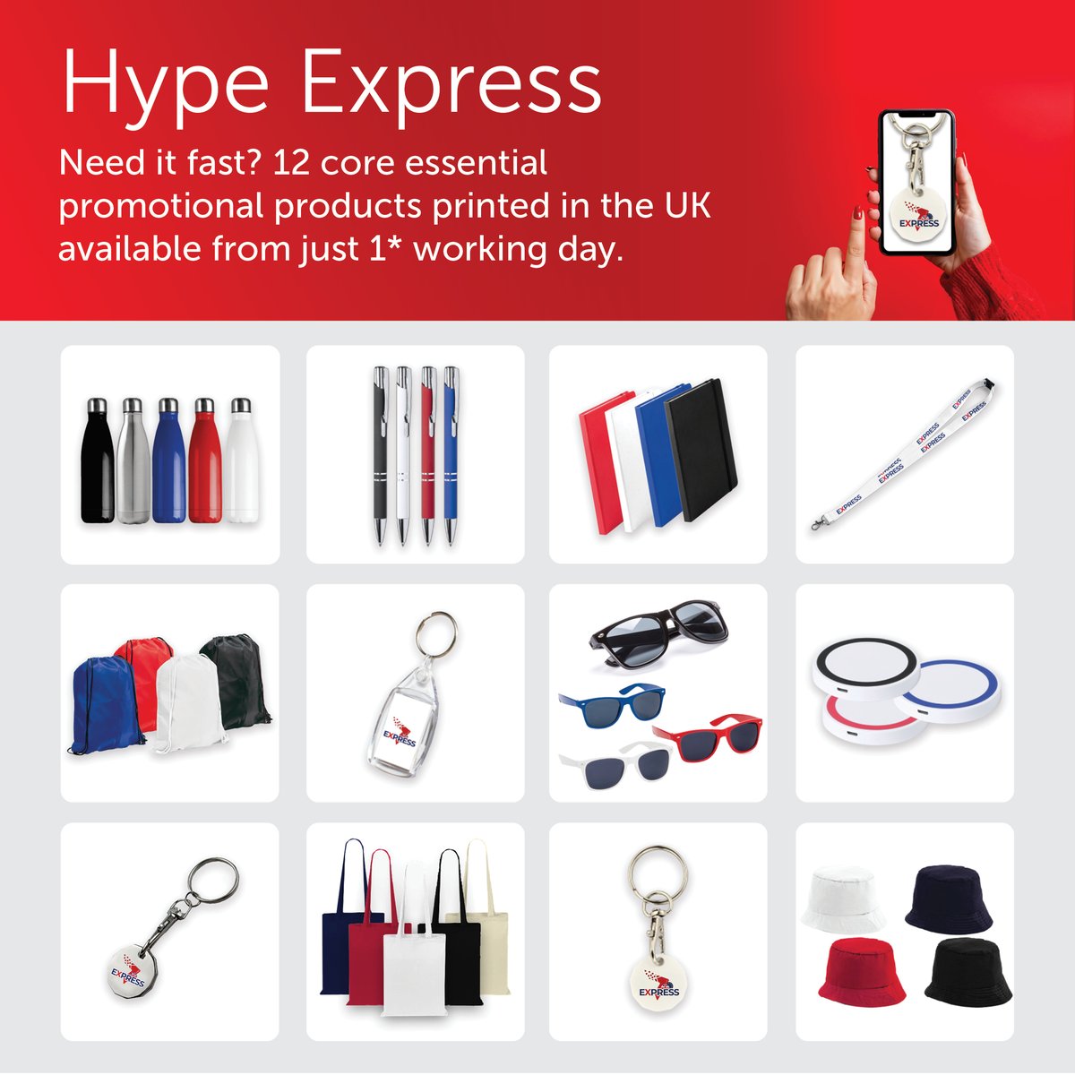 Need Your Branded Merchandise Fast?
If time is tight and you need promotional products delivered in a hurry, check out our Express Range! We offer 12 high-quality products printed in the UK, available in just 1* working day. hypebranding.co.uk/express-range