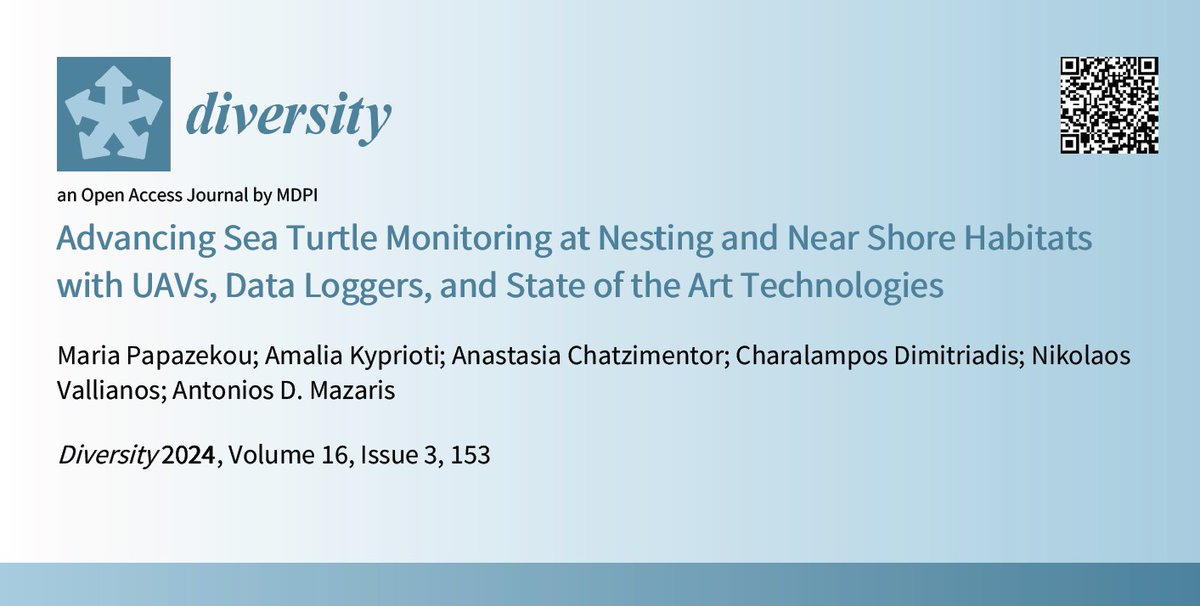 DiversityMDPI's tweet image. 🐢#article

📡Advancing Sea Turtle Monitoring at Nesting and Near Shore Habitats with #UAVs, Data Loggers, and State of the Art Technologies

📊by Papazekou et al
Article Views 2703
Citations 3
#SeaTurtleMonitoring #Habitats #DataLoggers #NestingBeaches

🔍mdpi.com/1424-2818/16/3…