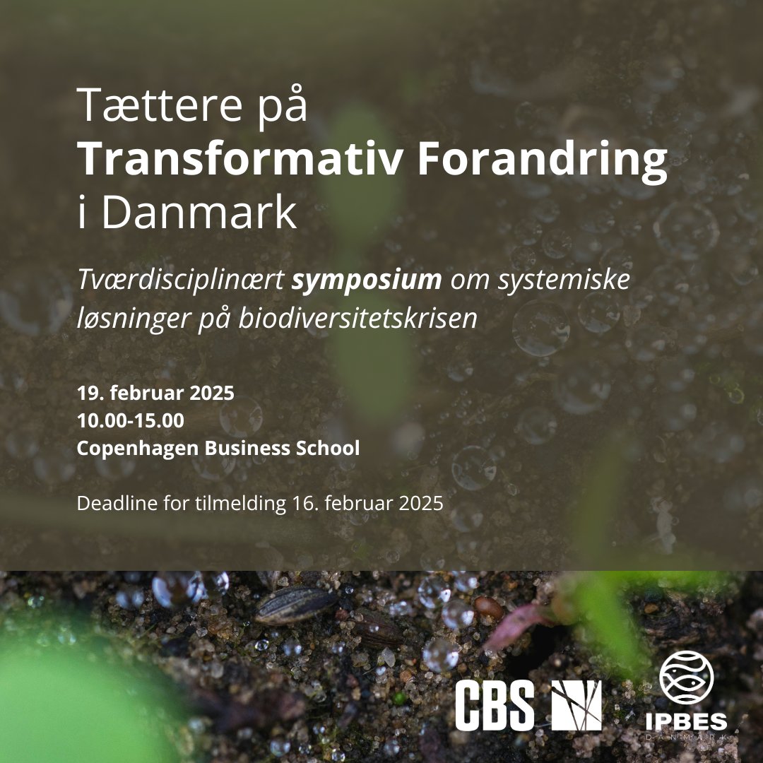 Tættere på transformativ forandring i DK ♻ Nyt symposium d. 19/2 i samarbejde m. <a href="/CBScph/">Copenhagen Business School</a> udforsker systemiske løsninger på biodiversitetskrisen. Læs mere og tilmeld dig her👇
conferencemanager.dk/symposium-tran… #dkgreen #dknatur