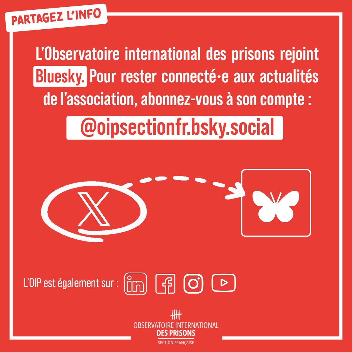 En raison de l'évolution de #X, avant tout, comme instrument #politique de propagande de courants de pensée réactionnaires, complotistes et d'extrême droite, l'OIP a rejoint <a href="/bluesky/">bluesky</a>. Pour rester connecté•e aux actus de l'#association, abonnez-vous 👉bsky.app/profile/oipsec…