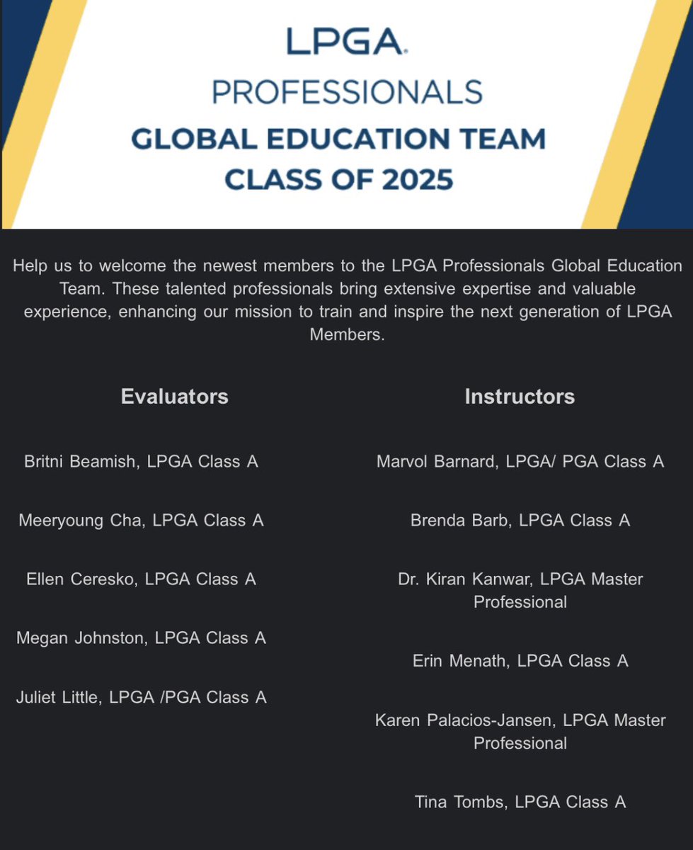Excited to join an excellent team, learn, mentor and share. 
The LPGA Global Education Team helps and assists all the new professionals coming through the education program reach their class A status. 
I remember the wonderful ladies who helped me when I was coming through
