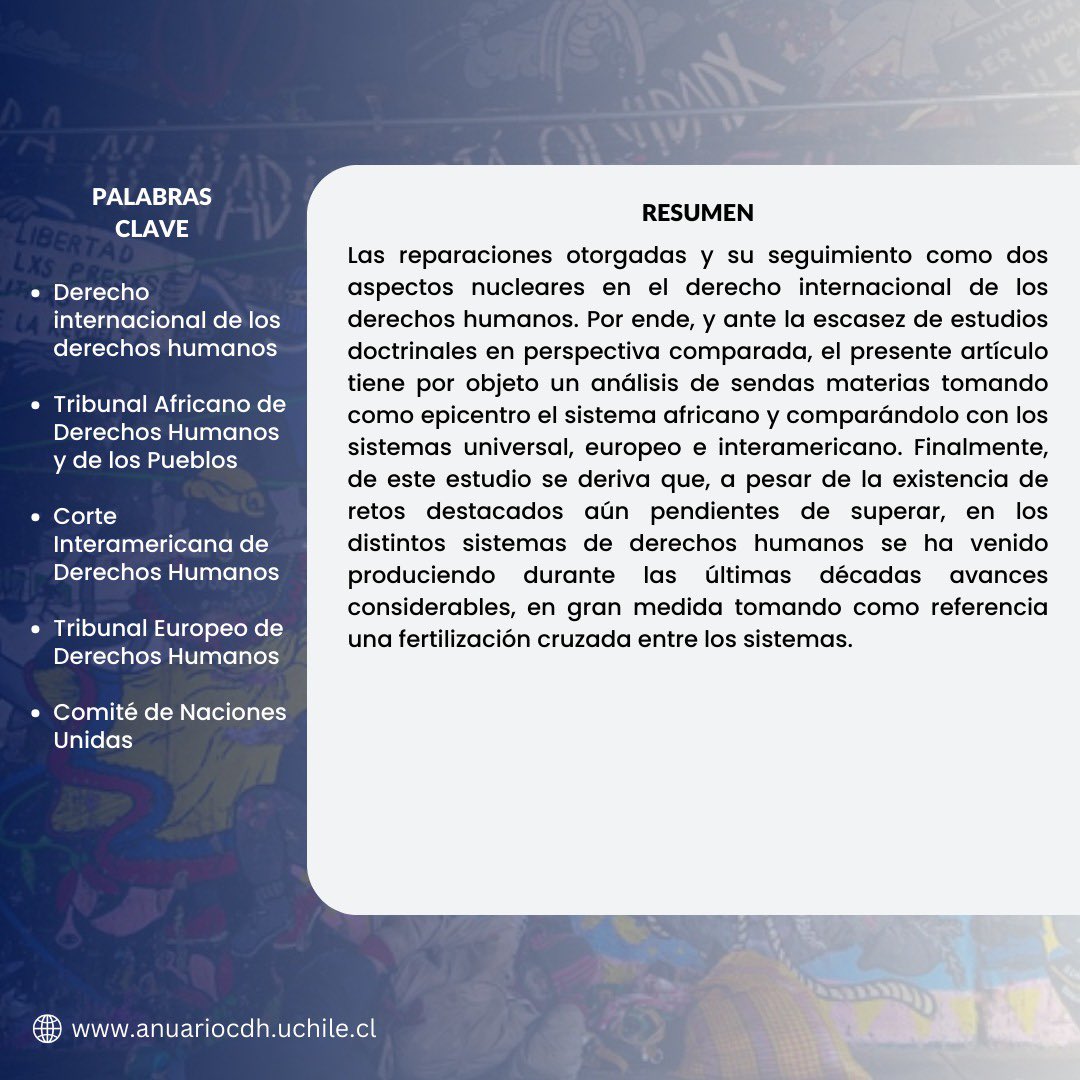📚 Te compartimos el artículo publicado en nuestra revista:

📕Título: “Reparaciones y mecanismos de seguimiento en los sistemas de derechos humanos: Perspectivas comparadas desde una mirada africana” 

📝Autor: Juan Bautista Cartes Rodríguez / Universidad Complutense de Madrid