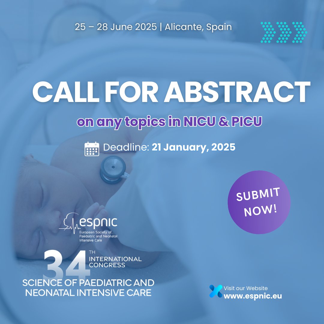 Researchers and experts in #Pediatric and #Neonatal Intensive Care, this is your opportunity to share your work with a global audience at #ESPNIC2025.

Submit before 21 January: bit.ly/ESPNIC-Abstract
Register here: bit.ly/ESPNIC-REGISTER

#nicu #PICU #intensivecare  #abstract