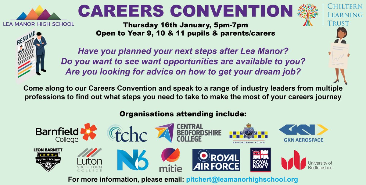Come along to our Careers Convention on Thursday 16th January, 5pm-7pm, to help plan out your Post-16 and careers journey.

Speak to colleges, apprenticeship providers, and businesses from a range of industries to help you set your course for your dream career destination.