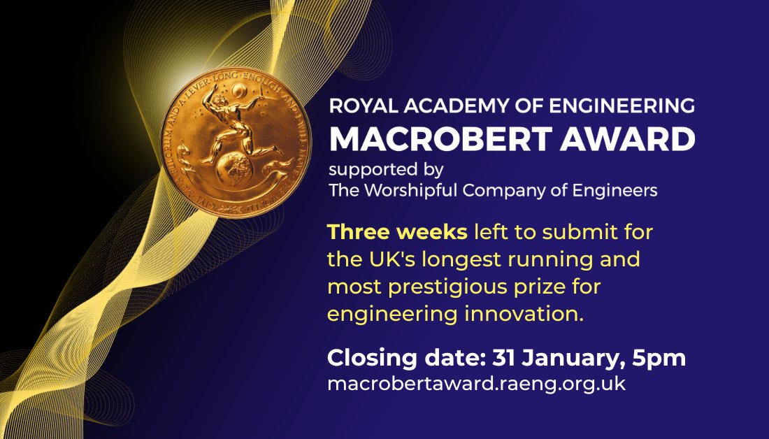 Proud to be a judge for the #MacRobertAward! If your team has an engineering innovation with proven commercial success and positive societal impact, don’t miss this opportunity. There's just 3 weeks to go - submit by 5pm, 31st January.