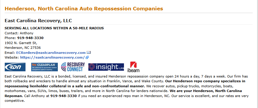 TajLong's tweet photo. Good Morning! This morning, my Repossession Agency Spotlight is on: *EAST CAROLINA RECOVERY, LLC 919-948-3330*a HENDERSON, NORTH CAROLINA-based REPOSSESSION AGENCY and RDN User covering Raleigh, Durham, Rocky Mount, Chapel Hill, Wake Forest, Taj Told You on the Repo Directory! https://t.co/zulFfscFYQ