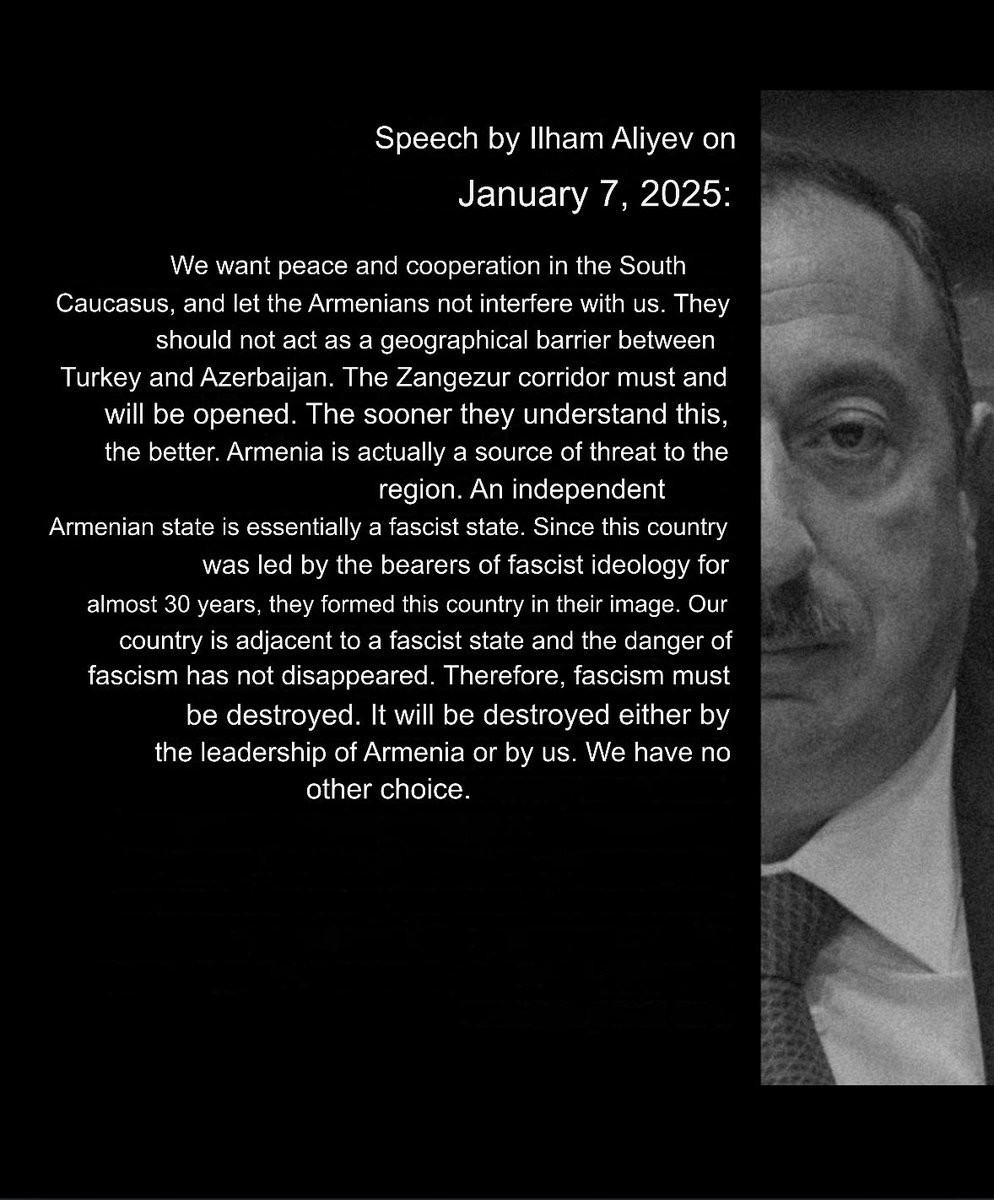 MaroKochinyan's tweet image. Aliyev’s rhetoric echoes Hitler’s: the same fascist ideology, the same dangerous calls for destruction. From dehumanizing language to authoritarian control, history shows us the blueprint of dictatorships. Fascism thrives on silence. #Azerbaijan