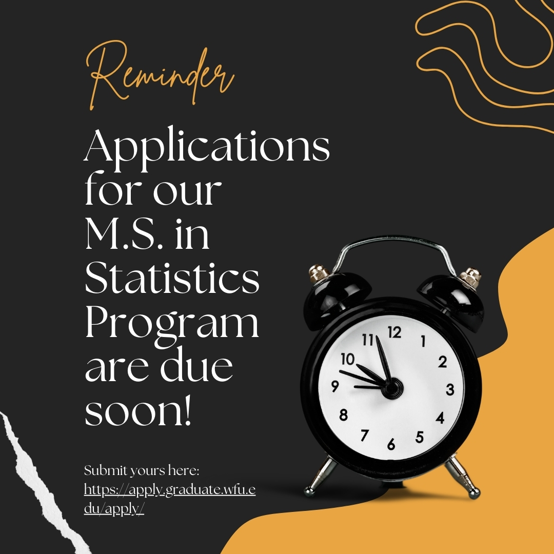 Wake Forest Stats (@wakeforeststats) on Twitter photo 🖐️ There are five days left to apply to our M.S. in Statistics program at <a href="/WakeForest/">Wake Forest University</a> ! Our teacher-scholar faculty would love to review your apps to join our small, collaborative program with thesis/non-thesis routes, generous funding opps, optional data science cert, and more! 🖐️ There are five days left to apply to our M.S. in Statistics program at <a href="/WakeForest/">Wake Forest University</a> ! Our teacher-scholar faculty would love to review your apps to join our small, collaborative program with thesis/non-thesis routes, generous funding opps, optional data science cert, and more!