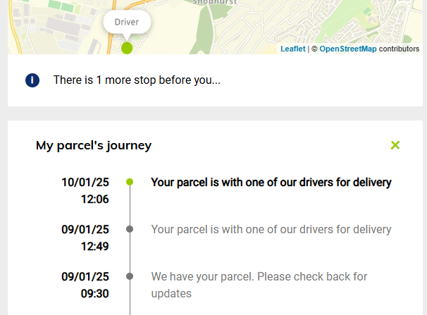 What is it with parcel delivery companies? My <a href="/YodelOnline/">Yodel</a> delivery driver has not moved from this spot all morning, and even at 11pm last night he was still one stop (and about 1/2 mile) from my house. If he's there I'll go and meet him. Might be quicker...
