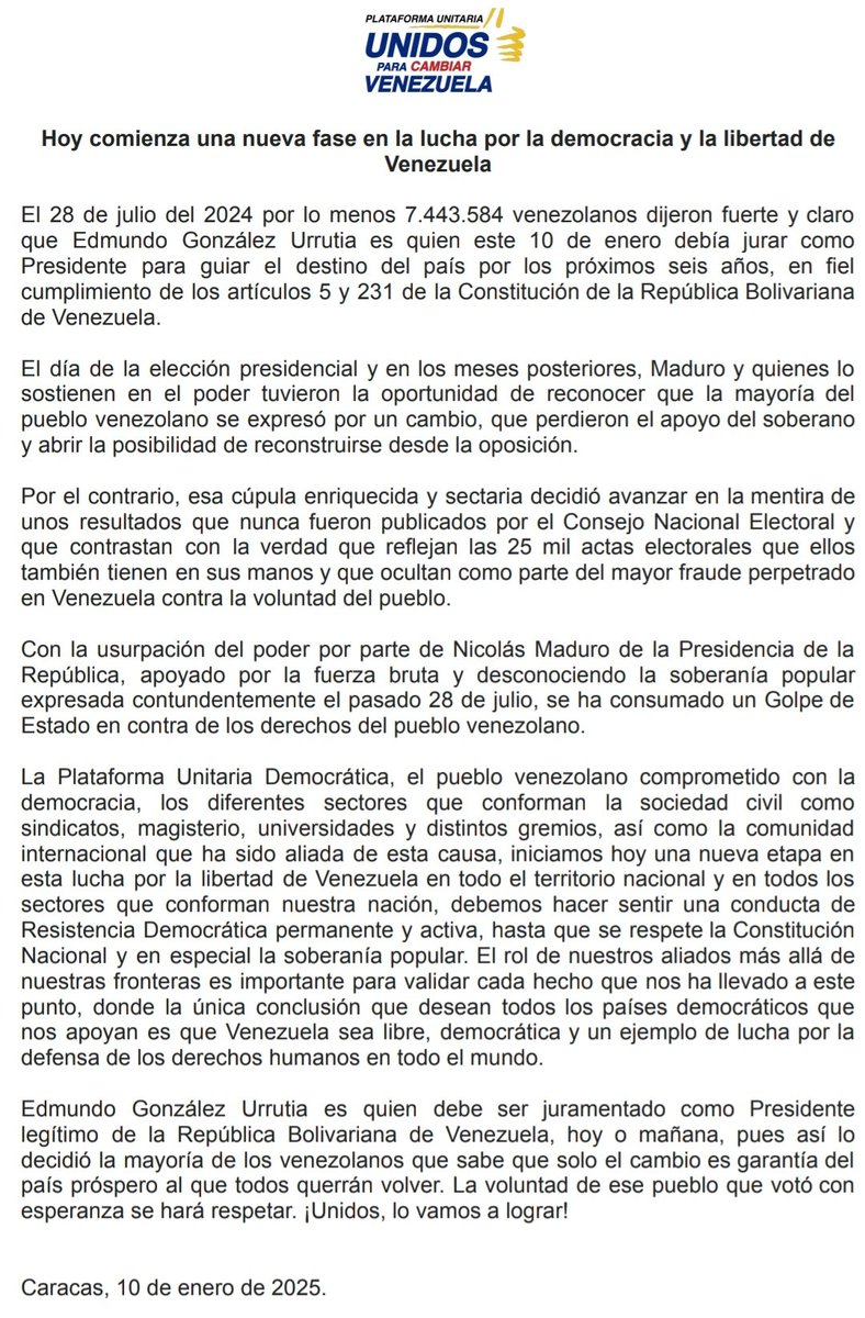 Hoy comienza una nueva fase en la lucha por la democracia y la libertad de Venezuela. #Comunicado #10E