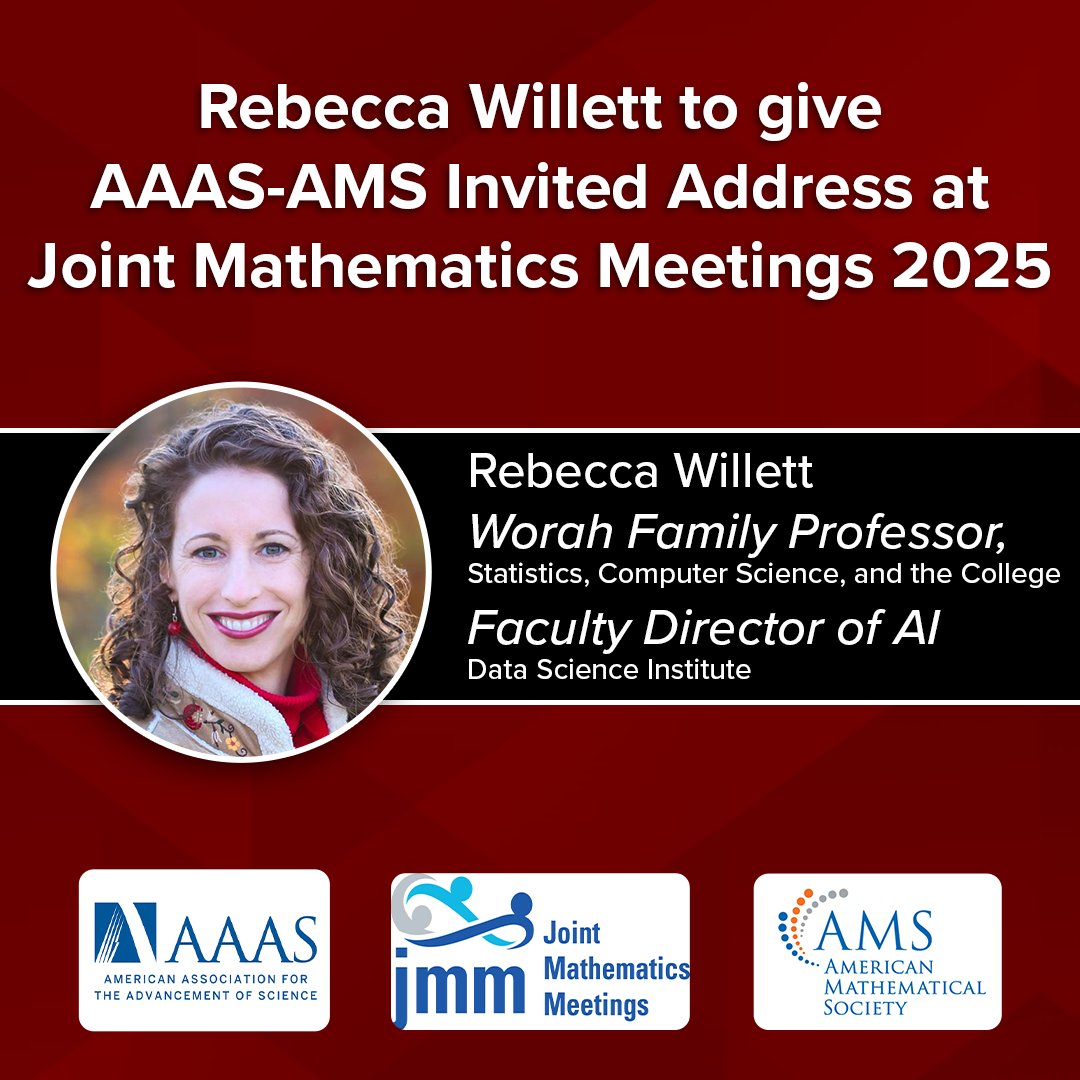 Data Science Institute (@dsi_uchicago) on Twitter photo Today, Rebecca Willett (<a href="/WillettBecca/">Becca Willett</a>), DSI’s Faculty Director of AI, will be giving a <a href="/aaas/">AAAS</a> - <a href="/amermathsoc/">American Mathematical Society</a> Invited Address at <a href="/JointMath/">Joint Mathematics Meetings</a> 2025!
Details are available at meetings.ams.org/math/jmm2025/m… Today, Rebecca Willett (<a href="/WillettBecca/">Becca Willett</a>), DSI’s Faculty Director of AI, will be giving a <a href="/aaas/">AAAS</a> - <a href="/amermathsoc/">American Mathematical Society</a> Invited Address at <a href="/JointMath/">Joint Mathematics Meetings</a> 2025!
Details are available at meetings.ams.org/math/jmm2025/m…