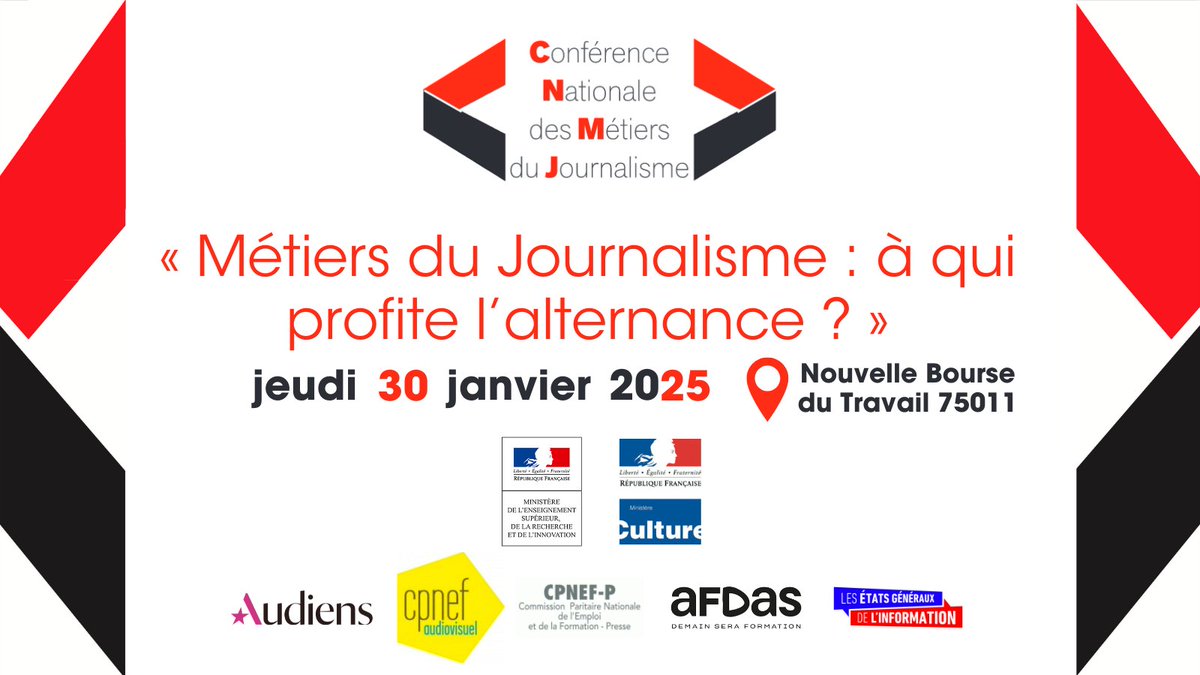 La 15 ème #CNMJ se tiendra
le jeudi 30 janvier 2025
à la Nouvelle Bourse du Travail - 29 boulevard du temple - 75003
le thème : « MÉTIERS DU JOURNALISME, À QUI PROFITE L’ALTERNANCE ? »