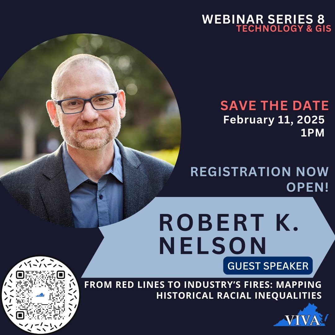 Registration is OPEN! 
Join us for a webinar with Robert K. Nelson 2/11/25, 1–2:30 PM!

Explore the Mapping Inequality project + his latest research on redlining, environmental challenges, &amp; public health.

Register: vivalib.libcal.com/calendar/event…

#Webinar #Redlining #SocialImpact