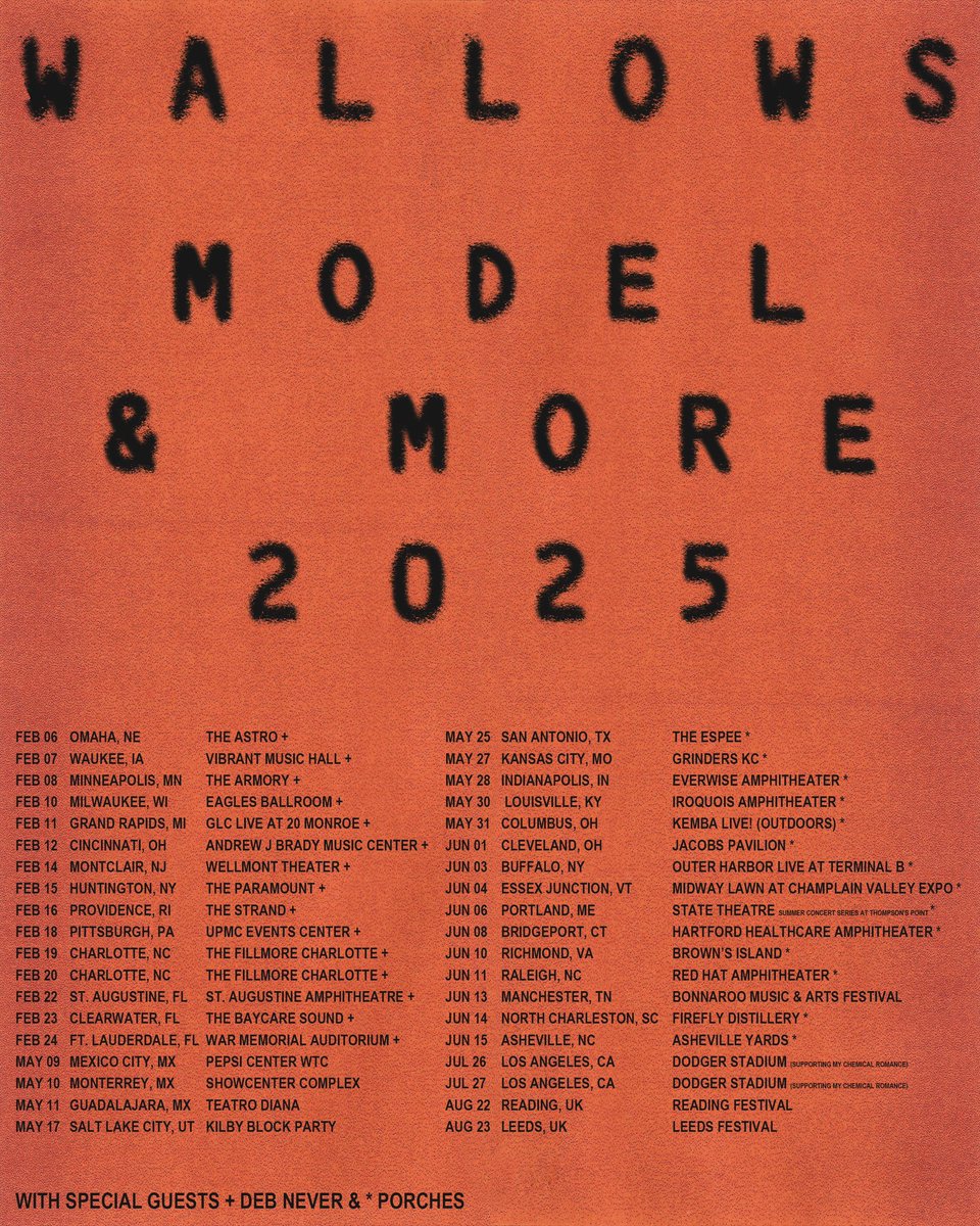 wallowsmusic's tweet image. We’ve added more dates to the Model &amp;amp; More Tour in May/June. Honored to have Porches on the road in the US with us and to finally announce that Deb Never will be joining for the February run.