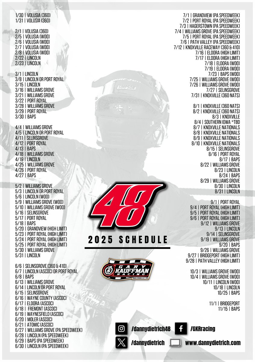 dannydietrich's tweet photo. Here is the Gary Kauffman Racing / Danny Dietrich 2025 Schedule!