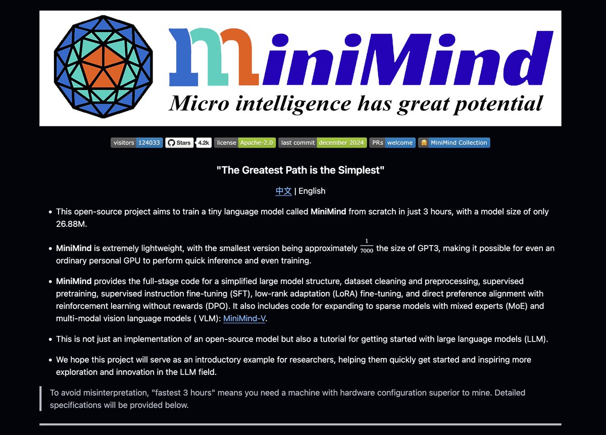 k7agar's tweet image. chinese bros  back at it again
- train a Decoder-Only transformer &amp;lt; 3 hrs on a 3090
- fully studded with LoRA, DPO, SFT.
- well documented training 
- vision, moe, and other goodies also avail.