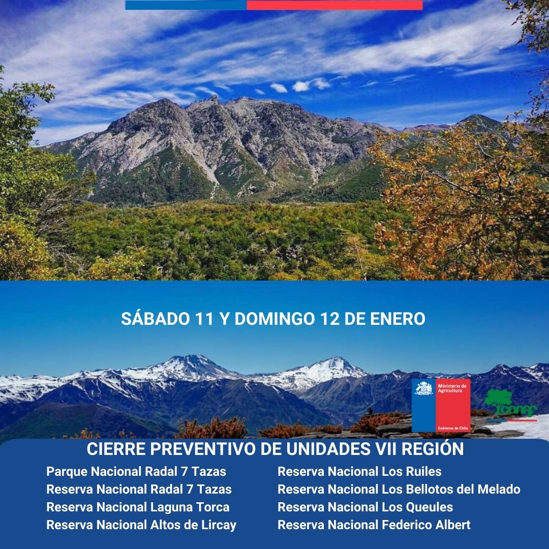 ⭕IMPORTANTE 
Desde Conaf Maule informamos que debido a la Alerta Roja 🔴por calor extremo en la región se cierran las siguientes Áreas Silvestres Protegidas durante este fin de semana. 
Además hacemos un llamado a la restricción total del uso del fuego para prevenir Incendios 🔥
