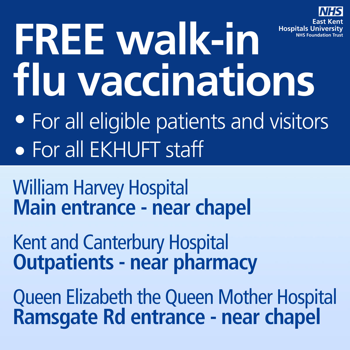 We've made it even easier for you to get your flu and Covid jabs.

Eligible patients, visitors and public can be vaccinated at K&amp;C, QEQM and WHH, Mon-Fri, 10am-4pm from 13/01 - 31/01. No appointment necessary.

For more info and specific locations, see: ekhuft.nhs.uk/news/winter-va…