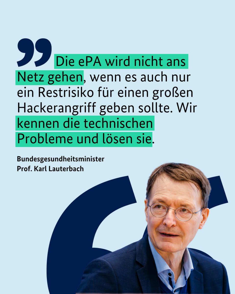 Am 15. Januar startet die „#elektronischePatientenakte für alle“ in Modellregionen. <a href="/Karl_Lauterbach/">Prof. Karl Lauterbach</a> über die Sicherheit der #epa und Ihrer Daten 👇

Mehr Infos zur Datensicherheit: bundesgesundheitsministerium.de/epa-vorteile/#…