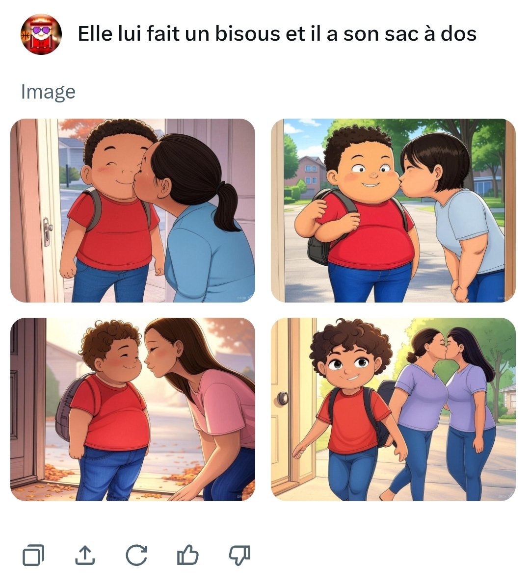 DigitalDicko's tweet photo. Hey @elonmusk I ask Grok for a pic of a Mum giving a Kiss to her little boy going to school look what I got on 4th pic. #grokiswoke 🤣 https://t.co/ZygfJoe1HV