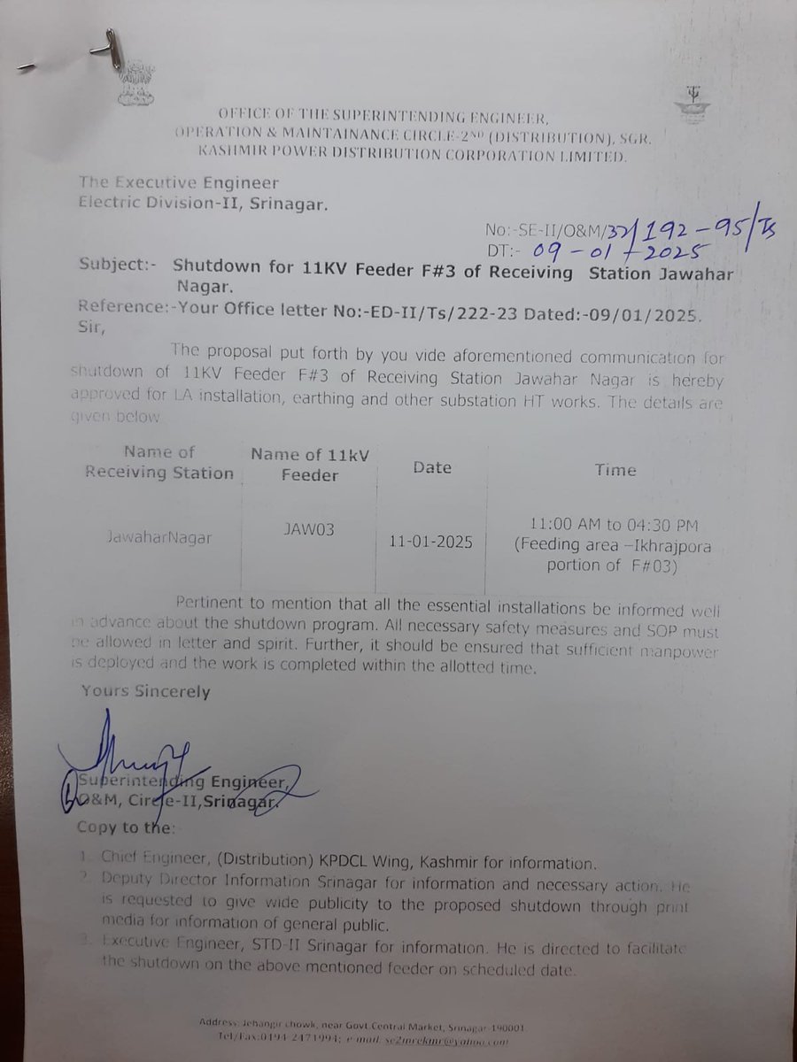 ED-IInd, Rajbagh, Srinagar (KPDCL) (@ediindrajbagh) on Twitter photo ⚠️Attention
Consumers of Ikrajpora Rajbagh fed from FEEDER 3 of R.stn Jawahar Nagar
Power supply shall remain OFF from 11 to 4.30 PM tommorrow (11.1.25)
<a href="/diprjk/">Information & PR, J&K</a> @kpdclofficial <a href="/mlachannapora/">Office of MLA Mushtaq Guroo.</a> <a href="/cekpdcl/">CHIEF ENGINEER, DISTRIBUTION, KPDCL(PDD)</a> <a href="/srinagaradmin/">Srinagar district administration</a> ⚠️Attention
Consumers of Ikrajpora Rajbagh fed from FEEDER 3 of R.stn Jawahar Nagar
Power supply shall remain OFF from 11 to 4.30 PM tommorrow (11.1.25)
<a href="/diprjk/">Information & PR, J&K</a> @kpdclofficial <a href="/mlachannapora/">Office of MLA Mushtaq Guroo.</a> <a href="/cekpdcl/">CHIEF ENGINEER, DISTRIBUTION, KPDCL(PDD)</a> <a href="/srinagaradmin/">Srinagar district administration</a>