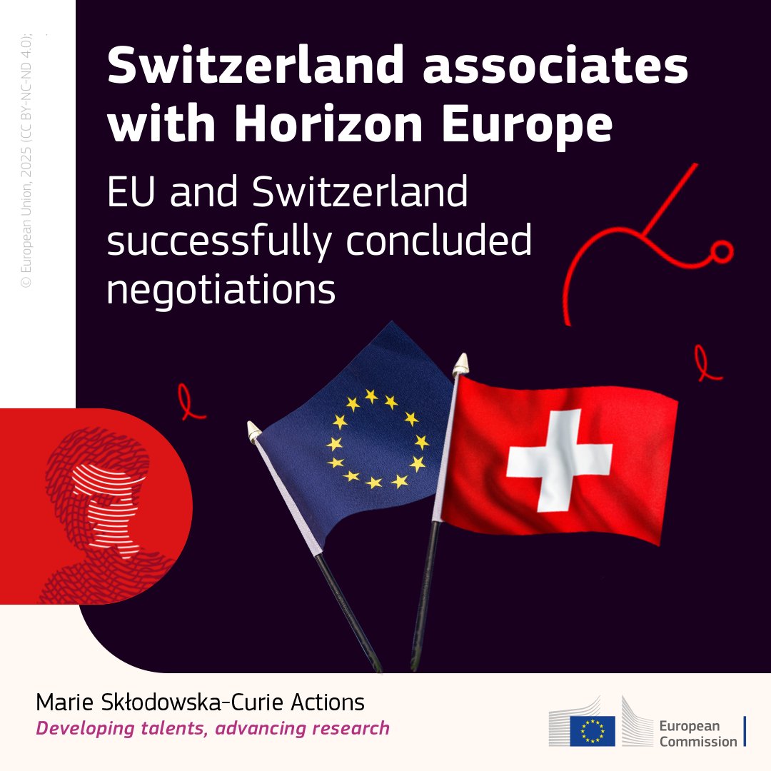 Marie Skłodowska-Curie Actions (@mscactions) on Twitter photo Switzerland to join the <a href="/HorizonEU/">Horizon Europe 🇪🇺</a> programme!🇪🇺🇨🇭
Swiss participation in #HorizonEU & #MSCA is expected to begin this year.
This partnership will allow Swiss researchers to receive funding and collaborate on equal terms with EU entities.
More: europa.eu/!hJBVjj Switzerland to join the <a href="/HorizonEU/">Horizon Europe 🇪🇺</a> programme!🇪🇺🇨🇭
Swiss participation in #HorizonEU & #MSCA is expected to begin this year.
This partnership will allow Swiss researchers to receive funding and collaborate on equal terms with EU entities.
More: europa.eu/!hJBVjj