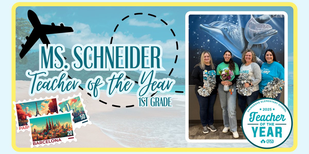 We're absolutely thrilled to announce our 2025 Educators of the Year!
🌟 Teacher of the Year: Ms. Schneider, 1st Grade
🌟 Paraeducator of the Year: Ms. Razo

We're thankful for these amazing ladies &amp; all they do for our dolphins!
#HairgroveWave