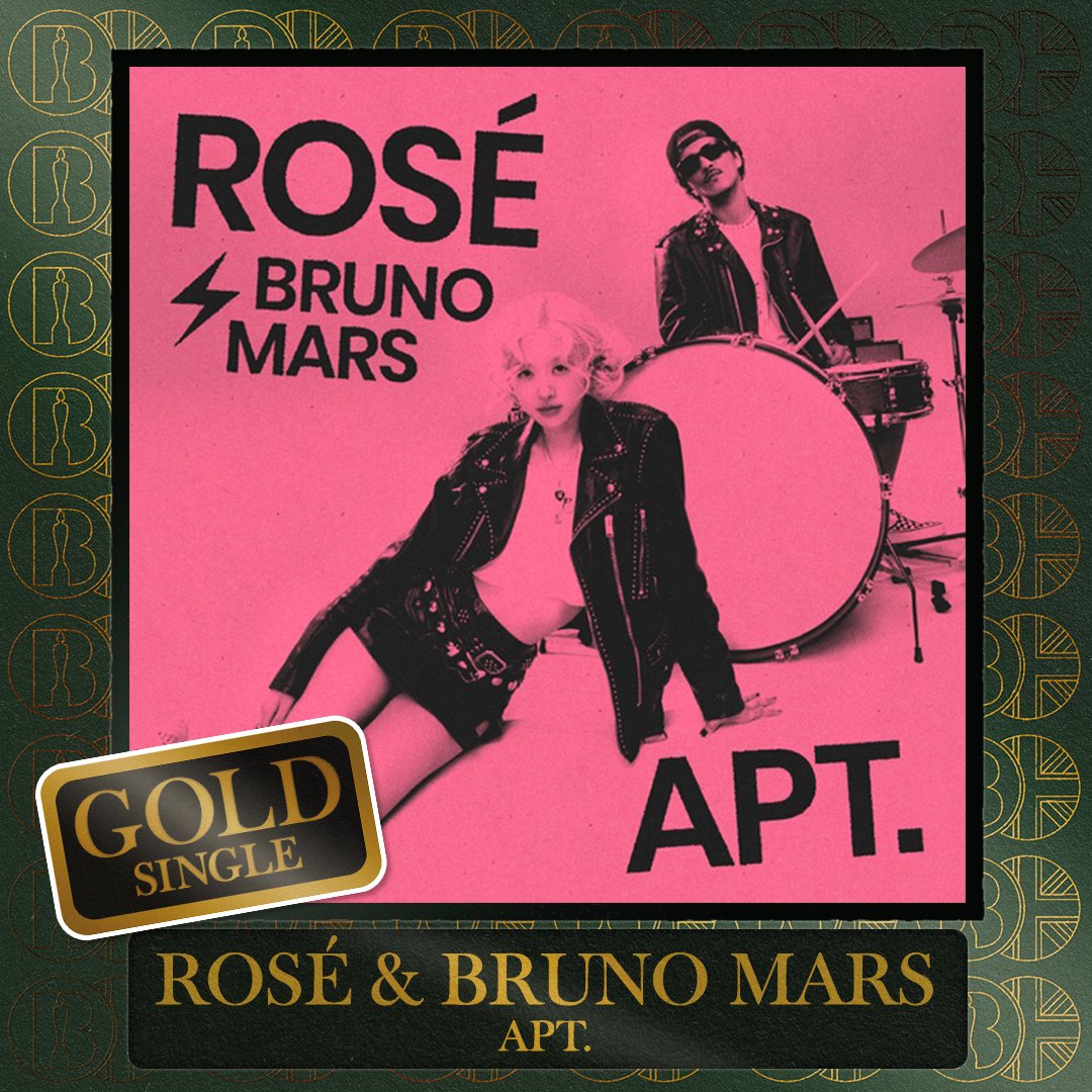 BRITs's tweet photo. 'APT.' the single by ROSÉ and @BrunoMars, is now #BRITcertified Gold https://t.co/bLOfJYd8Kf