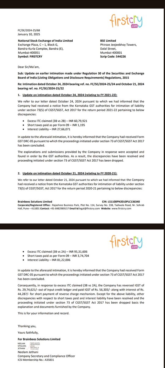 EngineerStockks's tweet image. #Brainbees Solutions #First Cry #Update

GST department Proceeding initiated under Section 73 of CGST/SGST Act 2017 has been "dropped &amp;amp; resolved" as Mentioned below :