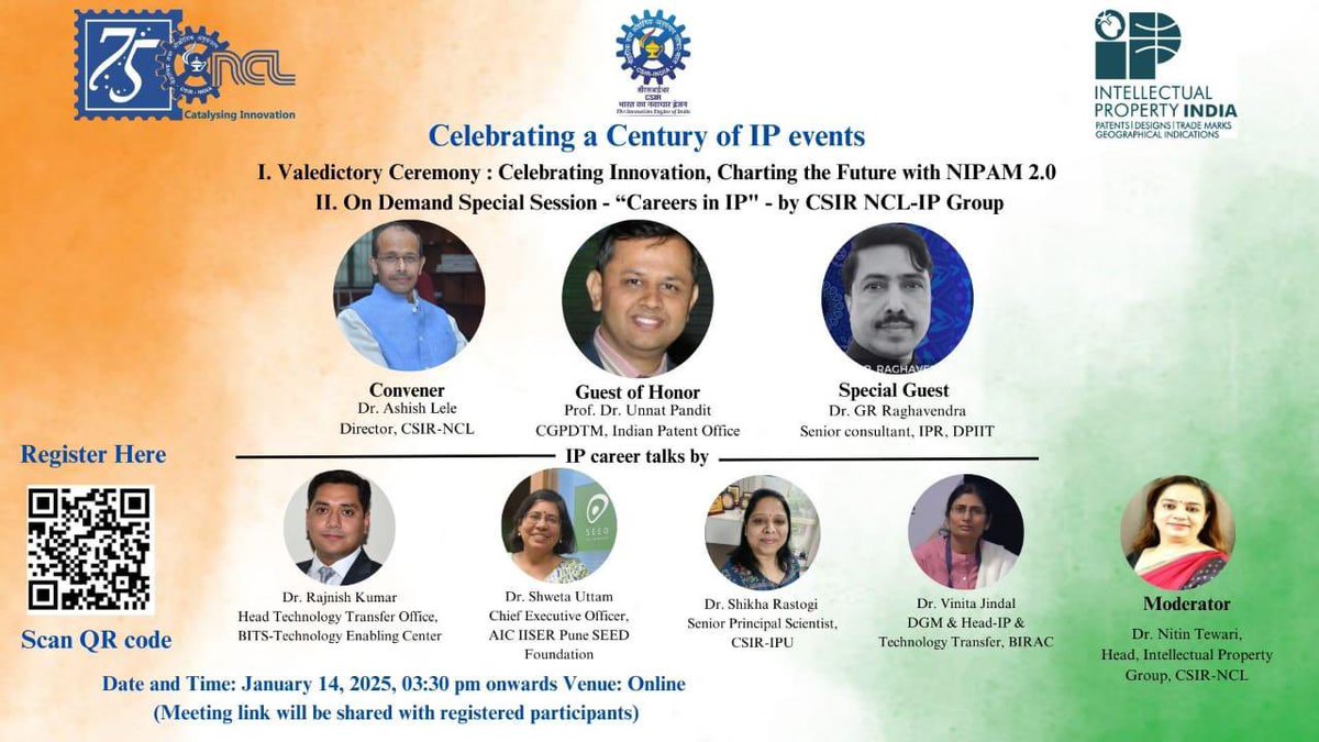 Join us for a special valedictory   session by IPG of <a href="/csir_ncl/">CSIR-National Chemical Laboratory</a> commemorating a century of Intellectual Property events across country and “discussions on careers in IP” by the experts. <a href="/cgpdtm_india/">CGPDTM INDIA</a> <a href="/CSIR_IND/">CSIR, India</a> <a href="/unnatpandit/">प्रो उन्नत पी पंडित 🇮🇳</a> <a href="/bitspilaniindia/">BITS Pilani</a> <a href="/BIRAC_2012/">DBT-BIRAC</a> <a href="/DoC_GoI/">Dept of Commerce, GoI</a> <a href="/DPIITGoI/">DPIIT India</a>