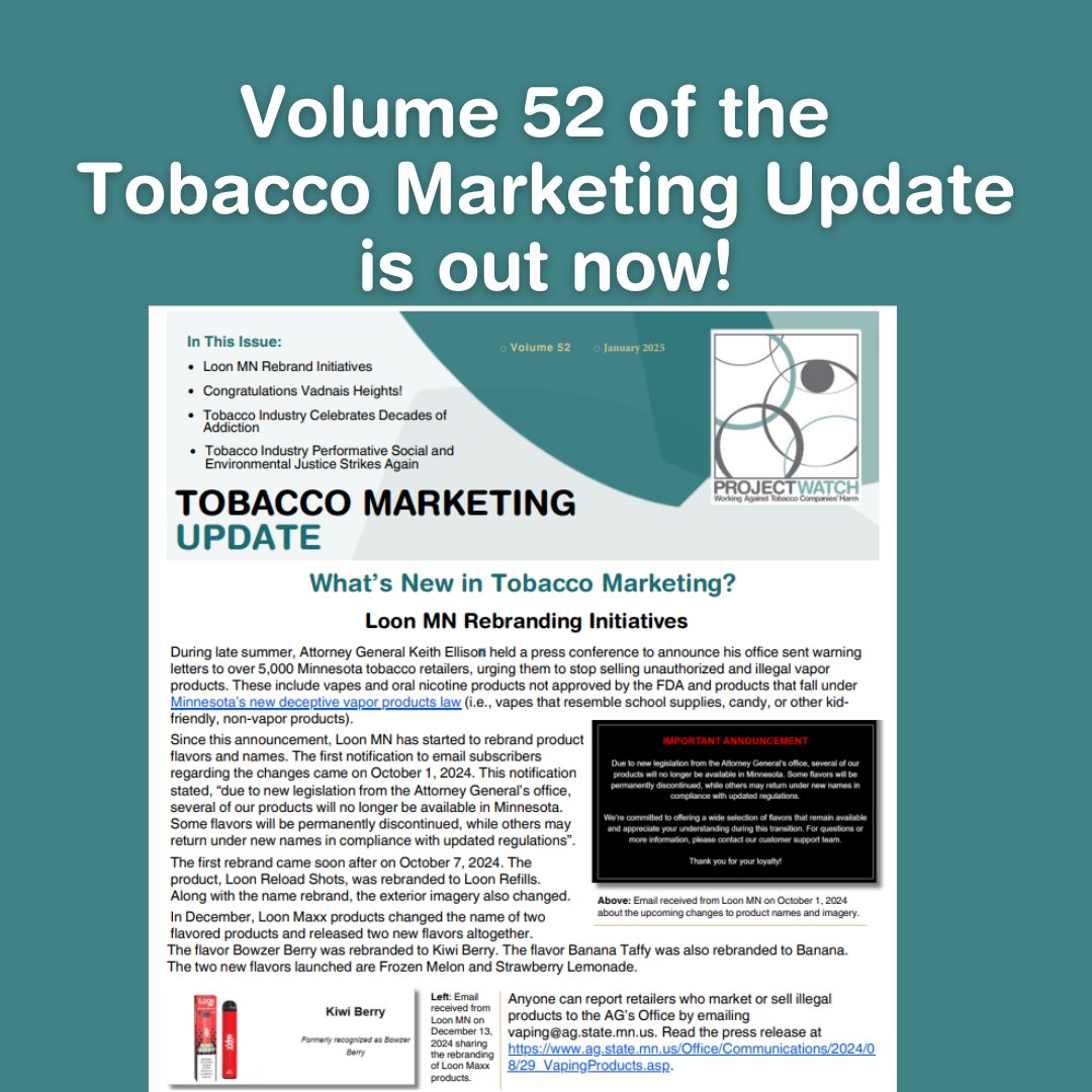 Volume 52 of the Tobacco Marketing Update is out! This issue covers The LoonMN rebranding efforts, tobacco industry anniversary celebrations from Marlboro and Skoal, and tobacco industry performative justice from Zyn and The LoonMN.

Read the newsletter: ansrmn.org/_files/ugd/876…