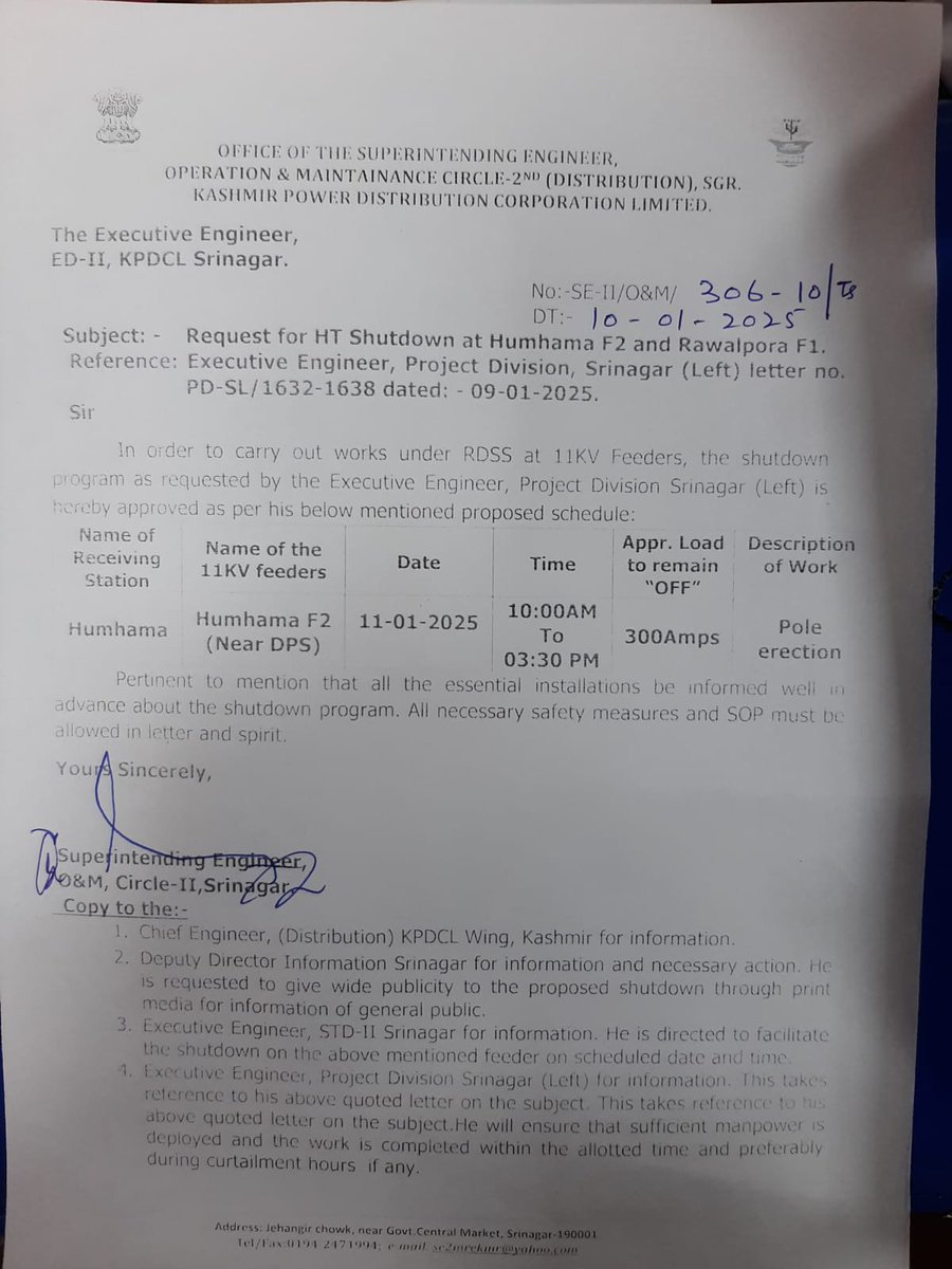 ED-IInd, Rajbagh, Srinagar (KPDCL) (@ediindrajbagh) on Twitter photo ⚠️Attention
Consumers of Humhama / Sheikhpora fed from FEEDER 2 of R.stn Humhama
Power supply shall remain OFF from 10 to 3.30 PM tommorrow (11.1.25)
<a href="/diprjk/">Information & PR, J&K</a> @kpdclofficial <a href="/mlachannapora/">Office of MLA Mushtaq Guroo.</a> <a href="/cekpdcl/">CHIEF ENGINEER, DISTRIBUTION, KPDCL(PDD)</a> <a href="/srinagaradmin/">Srinagar district administration</a> ⚠️Attention
Consumers of Humhama / Sheikhpora fed from FEEDER 2 of R.stn Humhama
Power supply shall remain OFF from 10 to 3.30 PM tommorrow (11.1.25)
<a href="/diprjk/">Information & PR, J&K</a> @kpdclofficial <a href="/mlachannapora/">Office of MLA Mushtaq Guroo.</a> <a href="/cekpdcl/">CHIEF ENGINEER, DISTRIBUTION, KPDCL(PDD)</a> <a href="/srinagaradmin/">Srinagar district administration</a>