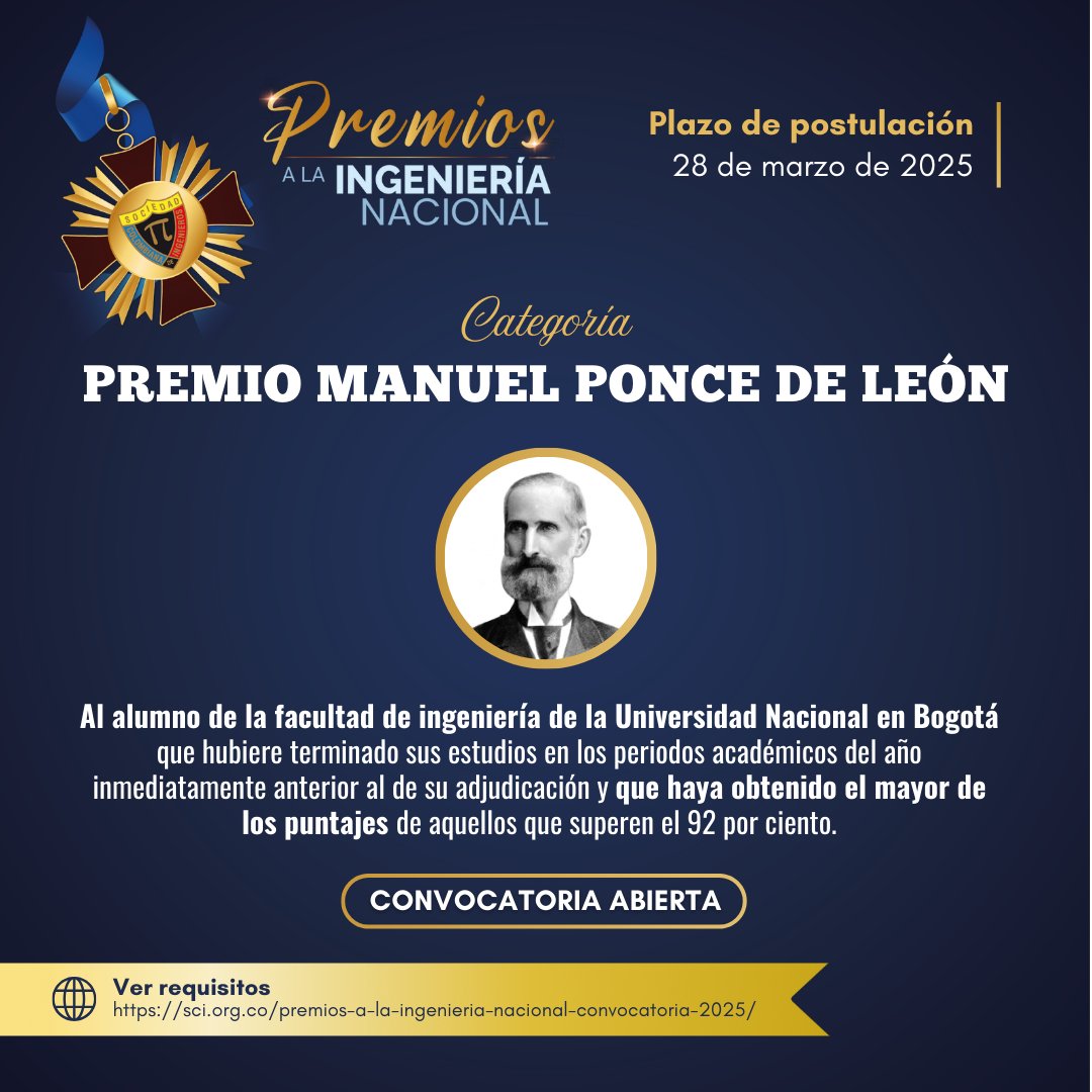IngenieriaSCI's tweet photo. 🏅 Premio "Manuel Ponce de León"

Reconocemos la excelencia académica en la Facultad de Ingeniería de la Universidad Nacional. Consulta los detalles de esta convocatoria aquí 👉 https://t.co/EechZBRbBd https://t.co/UfnNpruw3Z
