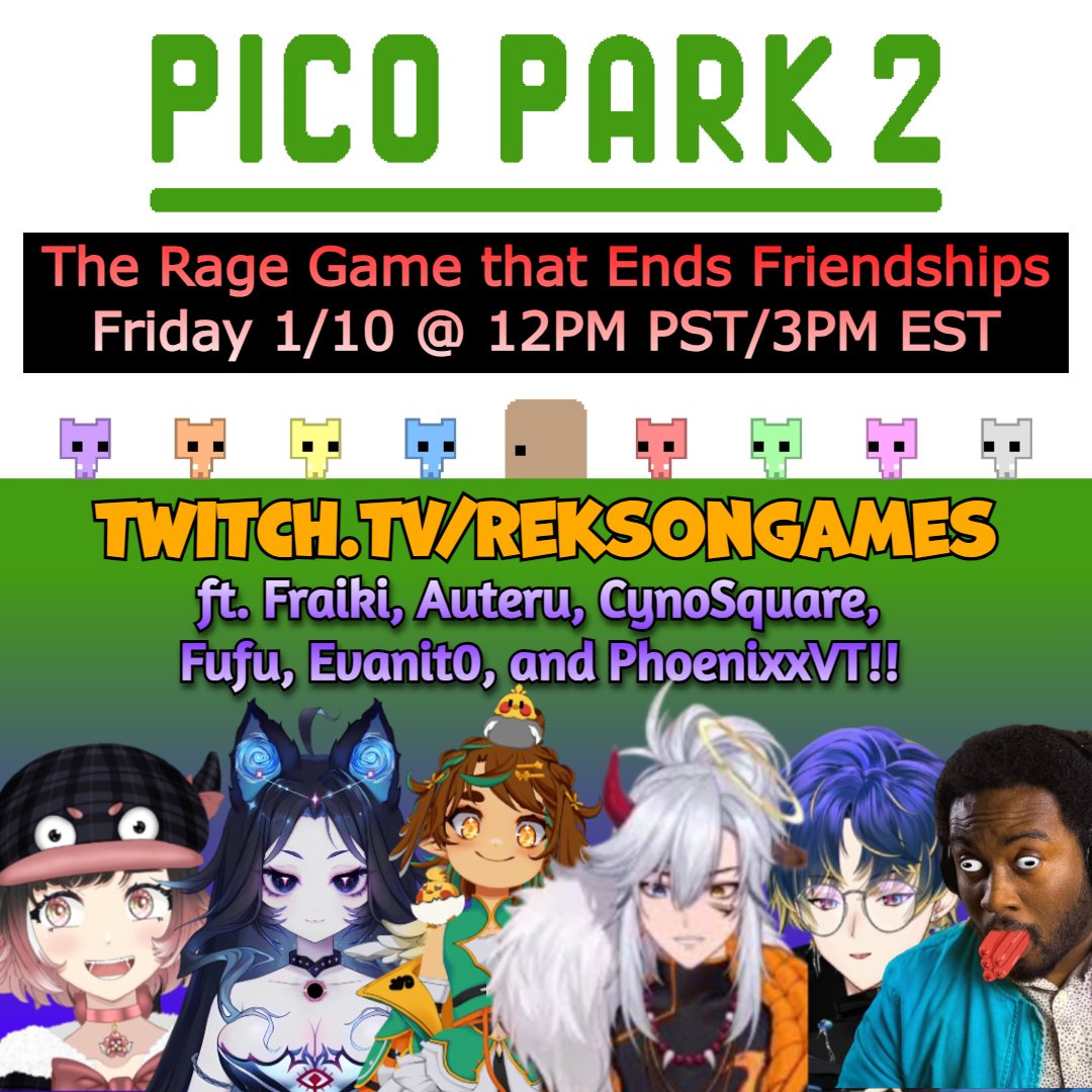Rekson (@reksongames) on Twitter photo CURSED Collab today! Hosting the sequel to the the ragiest game ever: Pico Park 2 group ft. <a href="/Fraiki/">FRAIKI🍡</a> <a href="/AuteruTori/">Auteru🐣🌟DOKOMI25</a> <a href="/CynoSquare/">CynoSquare 🟦</a> <a href="/FufuVT/">Fufu 📦 Black Hole【cat】</a> <a href="/Evanit0/">Evanit0✈️Offkai</a> and <a href="/PhoenixxVT/">PhoenixX 🔥</a>! Friendships may die, Twitlongers may be formed, but at least content will be made. Probably. You never know with Evan. CURSED Collab today! Hosting the sequel to the the ragiest game ever: Pico Park 2 group ft. <a href="/Fraiki/">FRAIKI🍡</a> <a href="/AuteruTori/">Auteru🐣🌟DOKOMI25</a> <a href="/CynoSquare/">CynoSquare 🟦</a> <a href="/FufuVT/">Fufu 📦 Black Hole【cat】</a> <a href="/Evanit0/">Evanit0✈️Offkai</a> and <a href="/PhoenixxVT/">PhoenixX 🔥</a>! Friendships may die, Twitlongers may be formed, but at least content will be made. Probably. You never know with Evan.