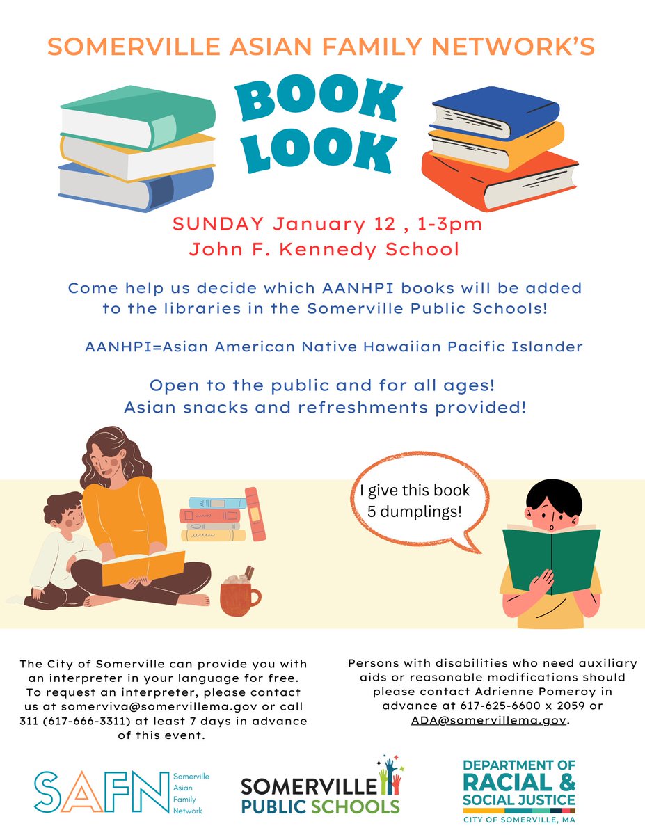 Join the Somerville Asian Family Network, <a href="/SvilleSchools/">Somerville Schools</a>, and RSJ for a book look to help decide which AANHPI books will be added to the school libraries!