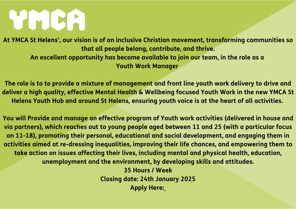 We are Hiring !
Are you passionate about working with young people?
we have a vacancy for a Youth Work Manager to  manage our new youth Hub , 
Should you be interested in the position , please apply at ymcasthelens.org.uk/get-involved/w…
#Sthelenjobs#youthworker#youthhub#mersysidejobs#