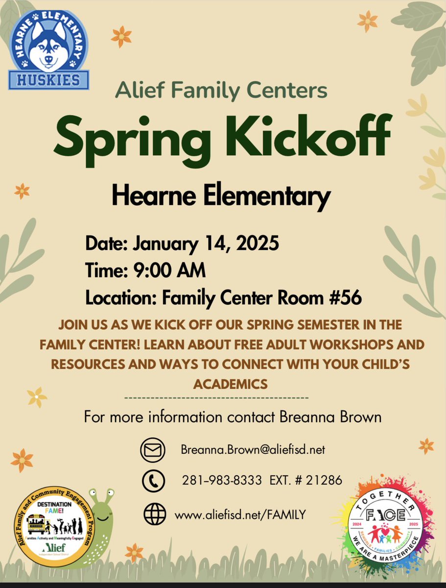 Come on out Huskies 🐾 to the Family Center Spring semester Kickoff 🎉 January 14 at 9:00am in the family center! <a href="/hearnehusky/">Hearne Elementary</a>